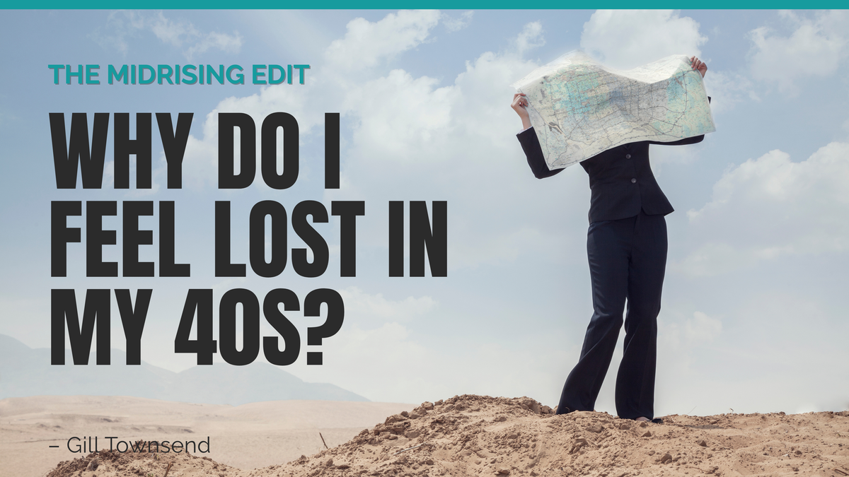 Midrising Edit cover for “Why Do I Feel Lost in My 40s?” featuring a woman standing outdoors holding an unfolded map in front of her face beneath a blue, cloudy sky.