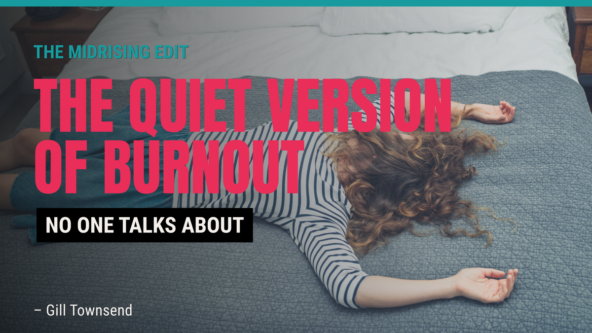 Midrising blog cover showing a woman lying fully dressed across a bed with her arms outstretched, titled “The Quiet Version of Burnout No One Talks About.”