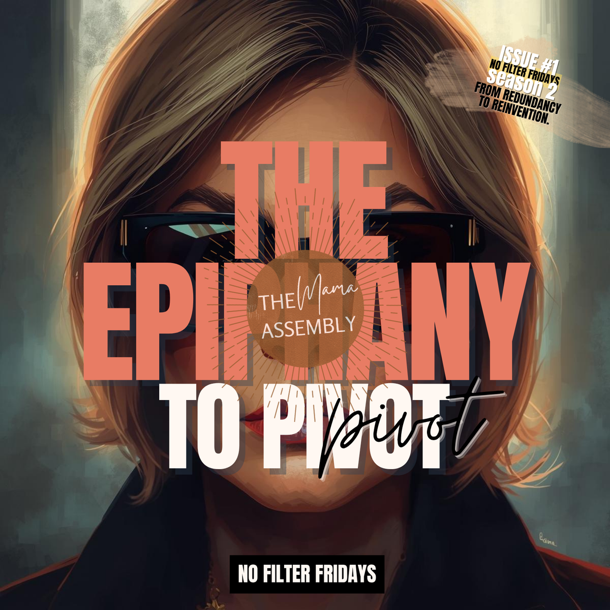 Confident woman in sunglasses with ‘The Epiphany to Pivot’ title, symbolising midlife reinvention and creative freedom.