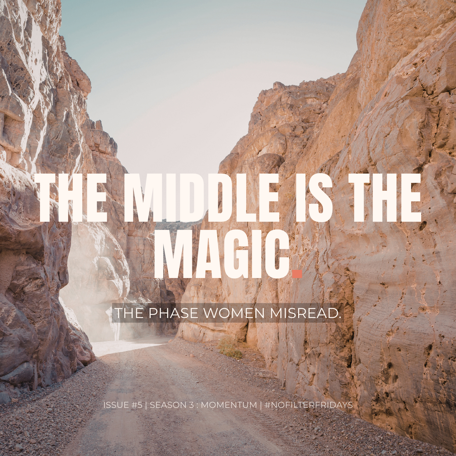 Calm canyon pathway between layered rock walls with the words “The Middle Is the Magic” overlayed, representing sustainable momentum and growth in midlife.