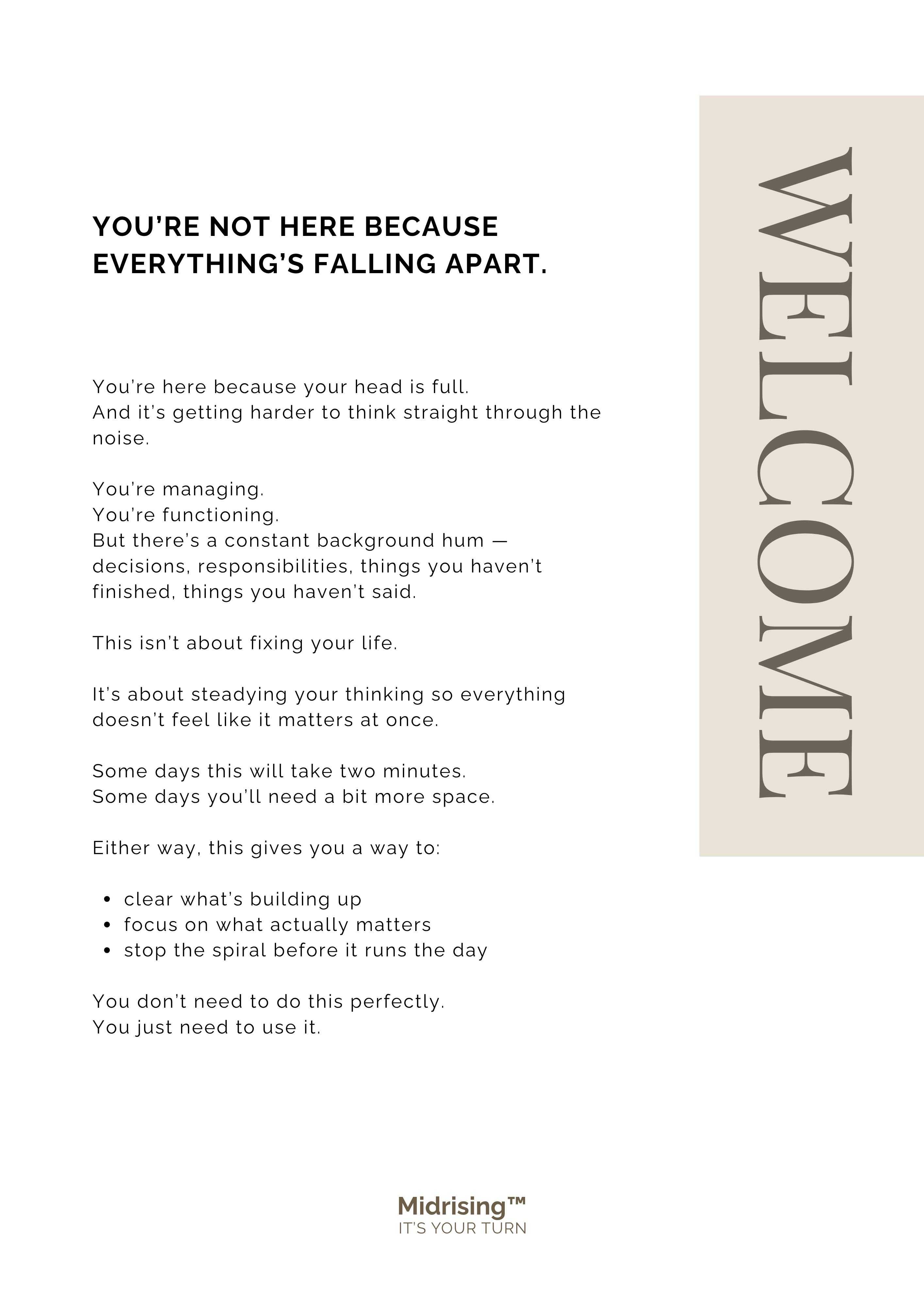 Welcome page inside The Daily Stabilise Check-In — introduction for when your head is full, part of the Midrising Stabilise System