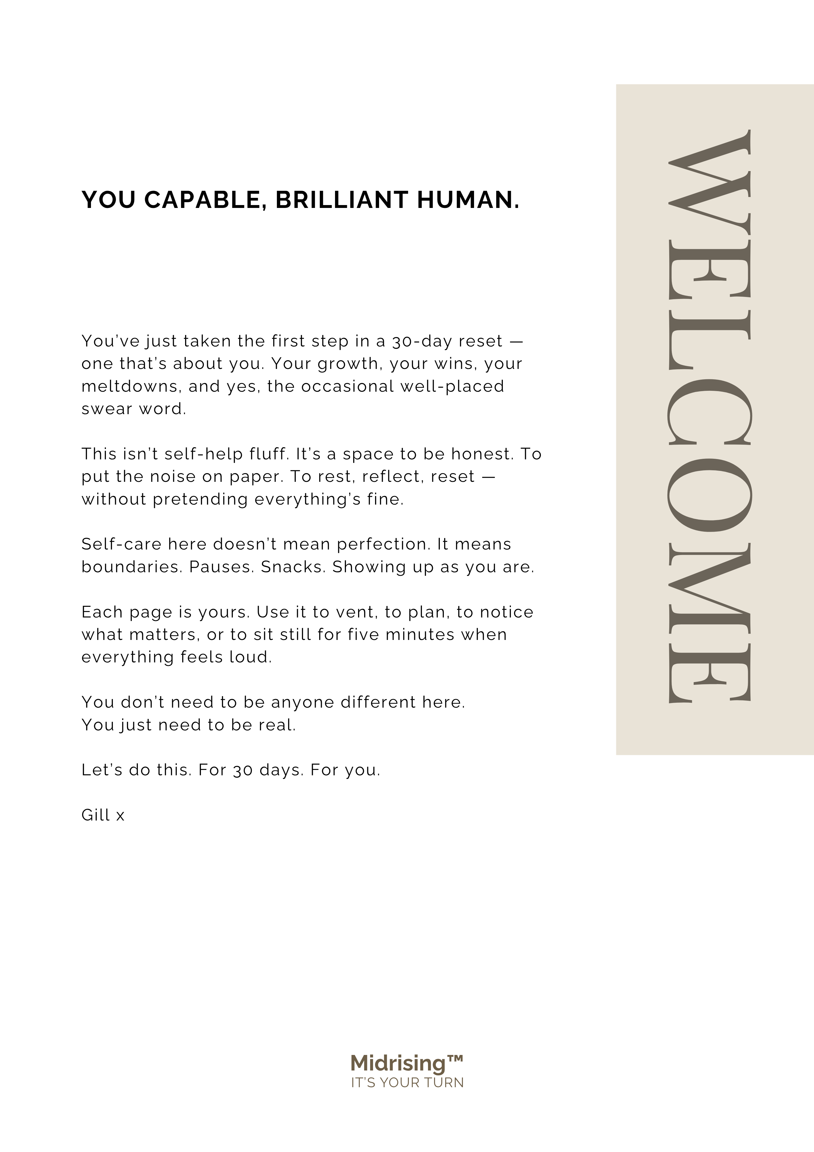 Welcome page inside Sort Your Month Out — introduction to the 30-day reset, part of the Midrising Stabilise System