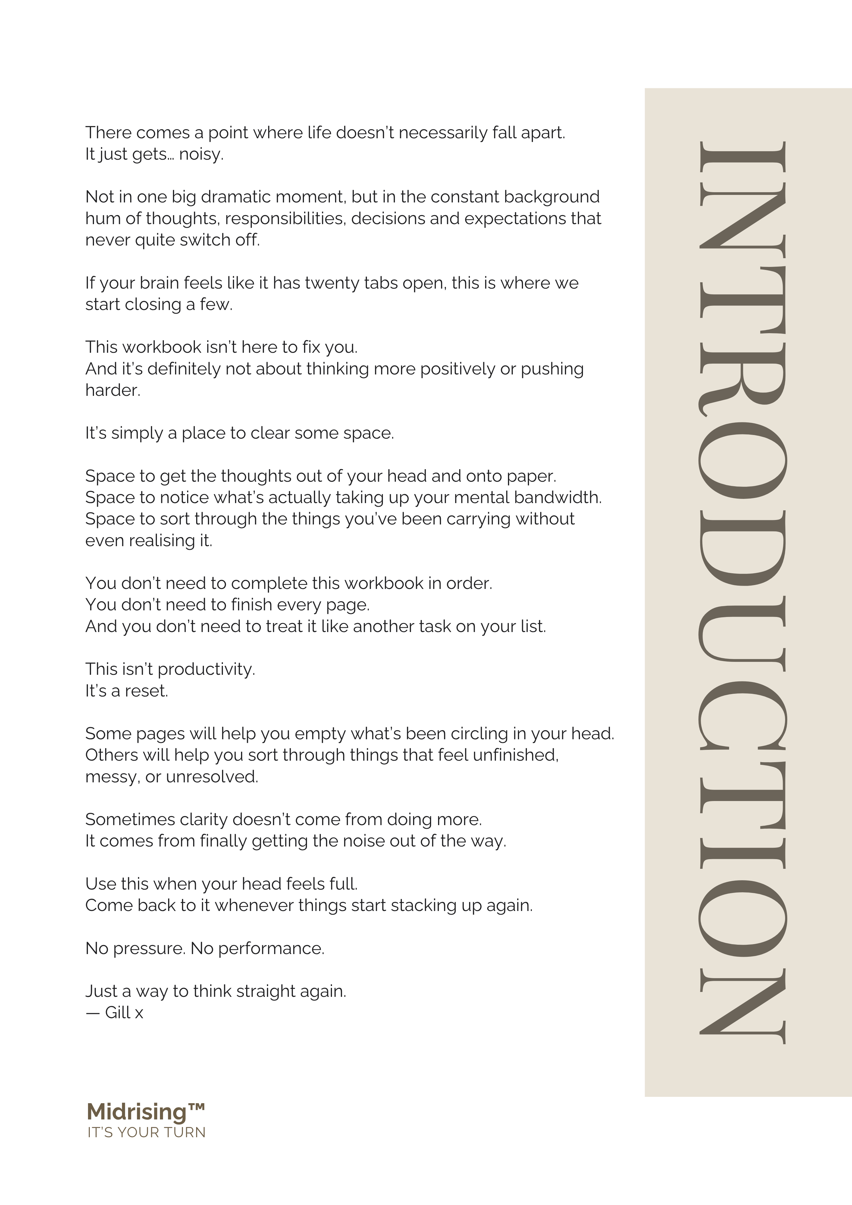 Introduction page from Clear Your Head workbook — Midrising Stabilise stage guide for clearing mental noise and thinking straight again