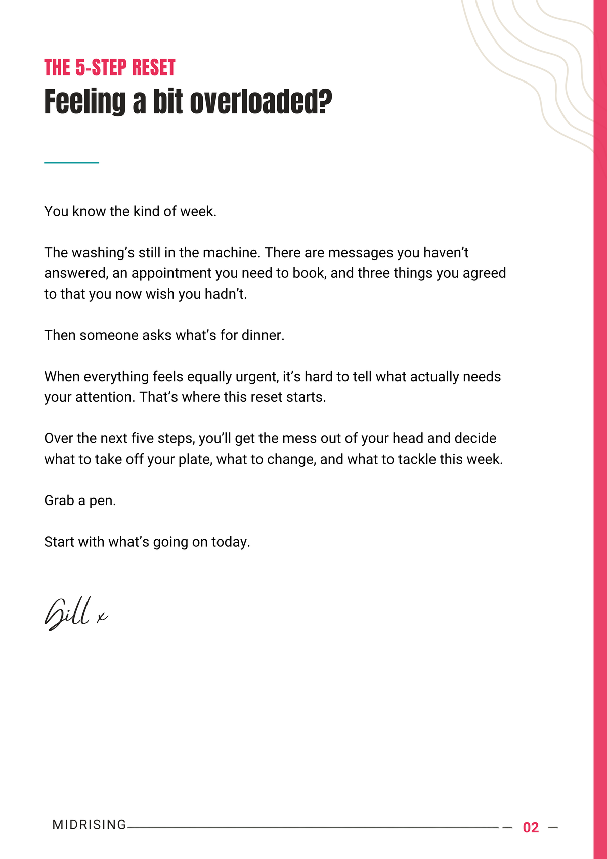 A single-page printed guide or worksheet titled 'THE 5-STEP RESET' with the heading 'Feeling a bit overloaded?' and a short text reflection, photographed against a white page with a pink side border.