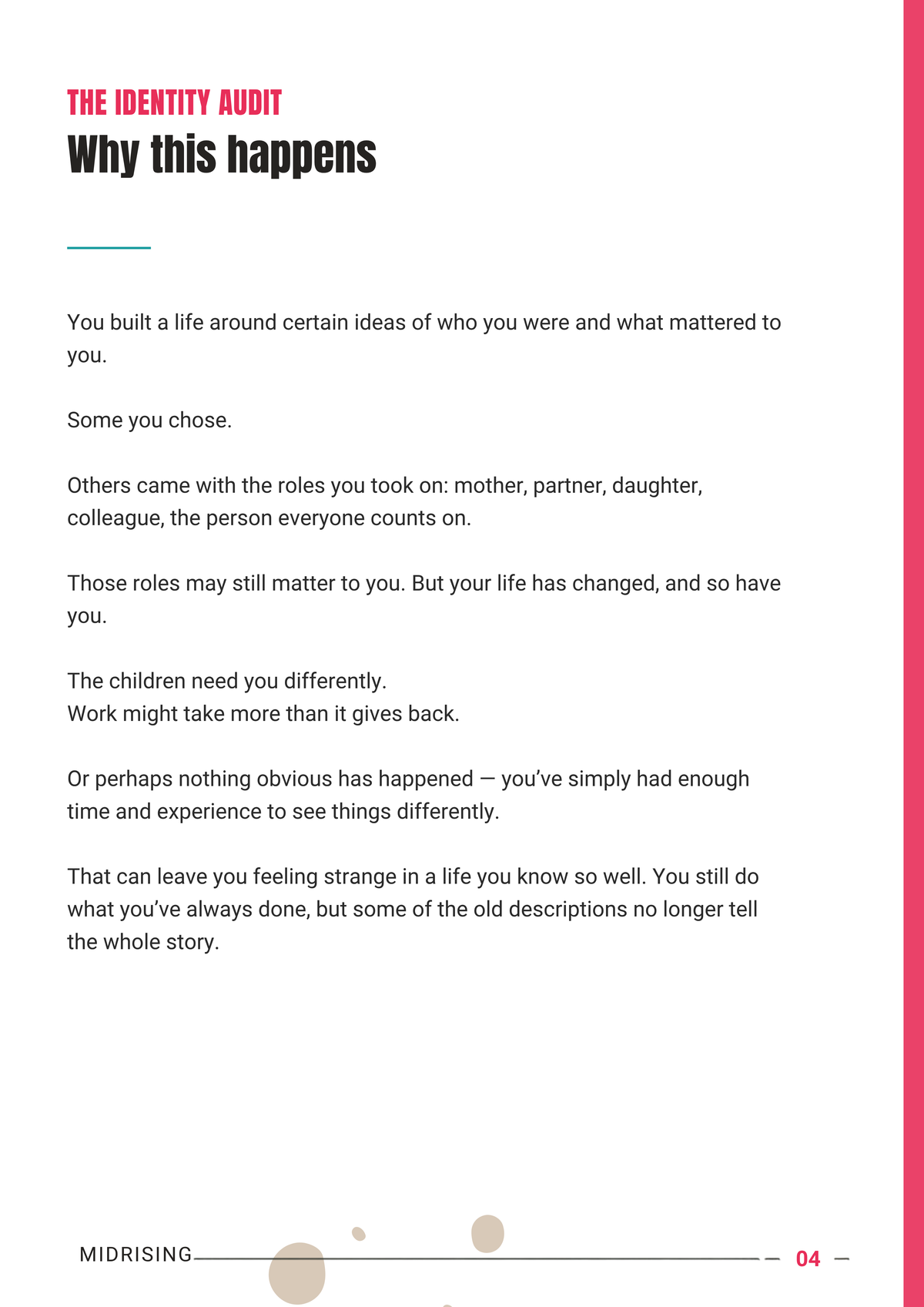 A single printed page from a book or booklet with the heading 'THE IDENTITY AUDIT' and the subheading 'Why this happens,' followed by several paragraphs of text. The page is mostly white with black text, a red title accent, and a pink vertical stripe along the right edge.