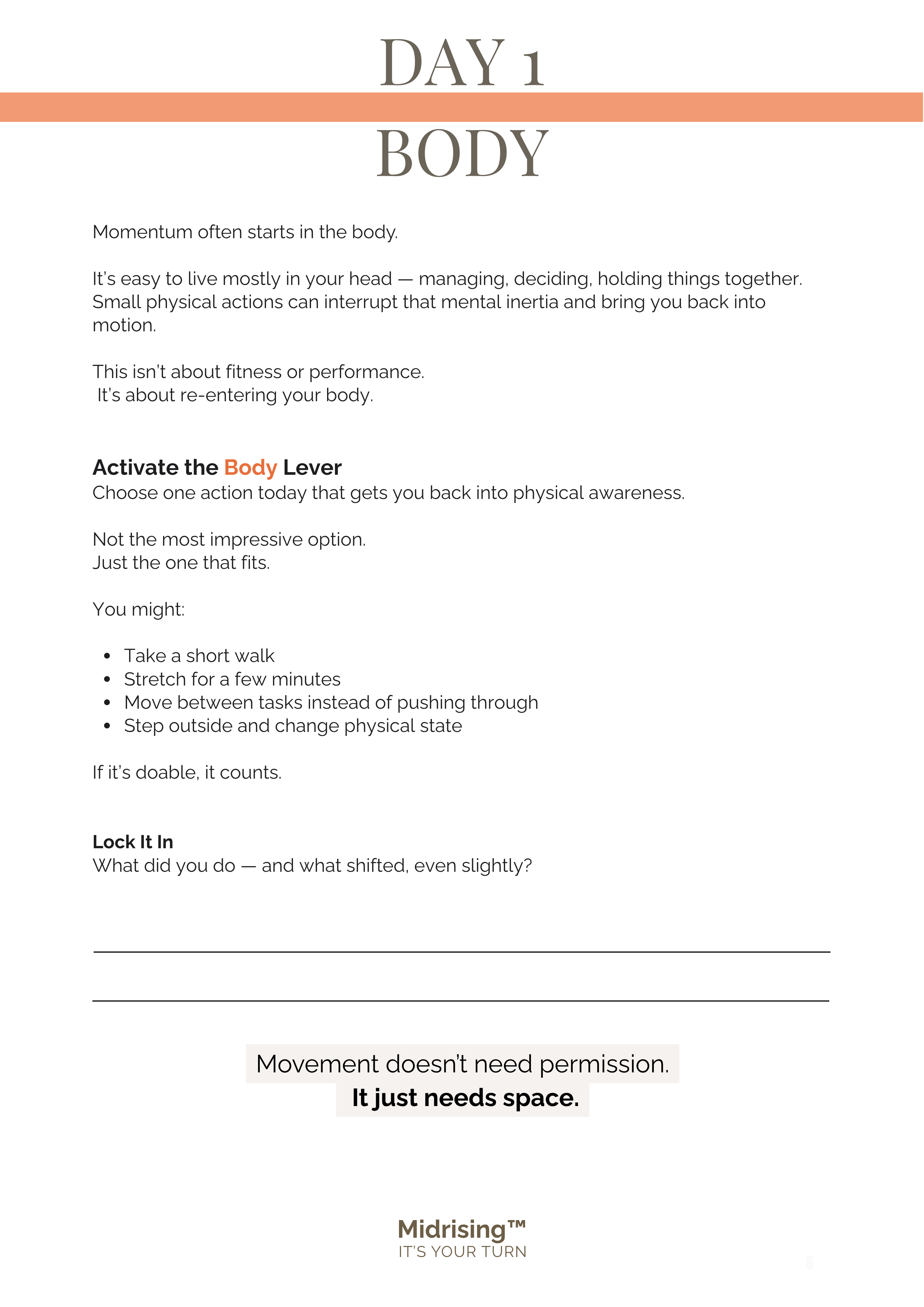 Day 1 Body worksheet from 7 Momentum Levers — daily lever activation and reflection prompts for Gen X women.