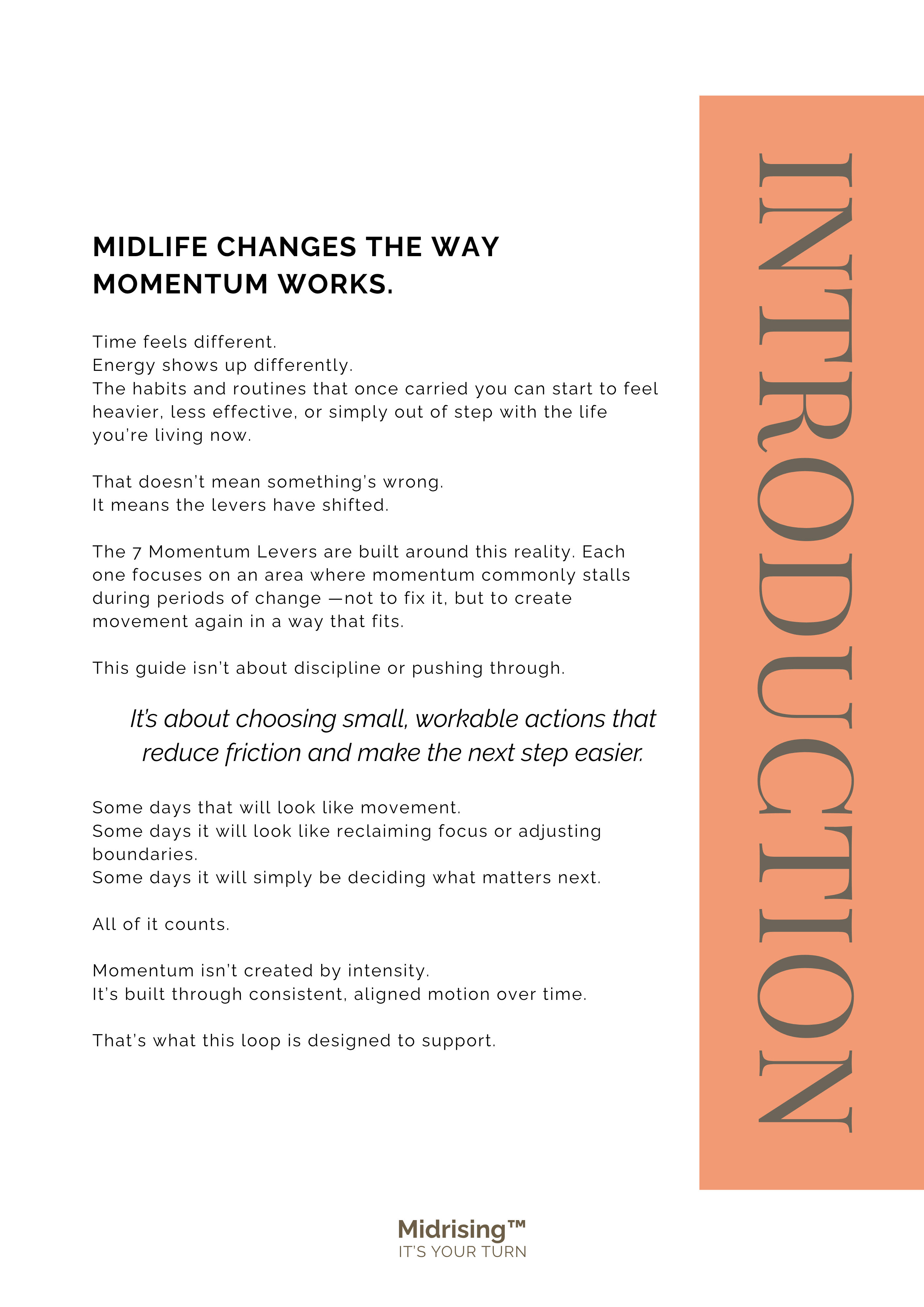 Introduction page from 7 Momentum Levers — on how midlife changes the way momentum works for Gen X women.