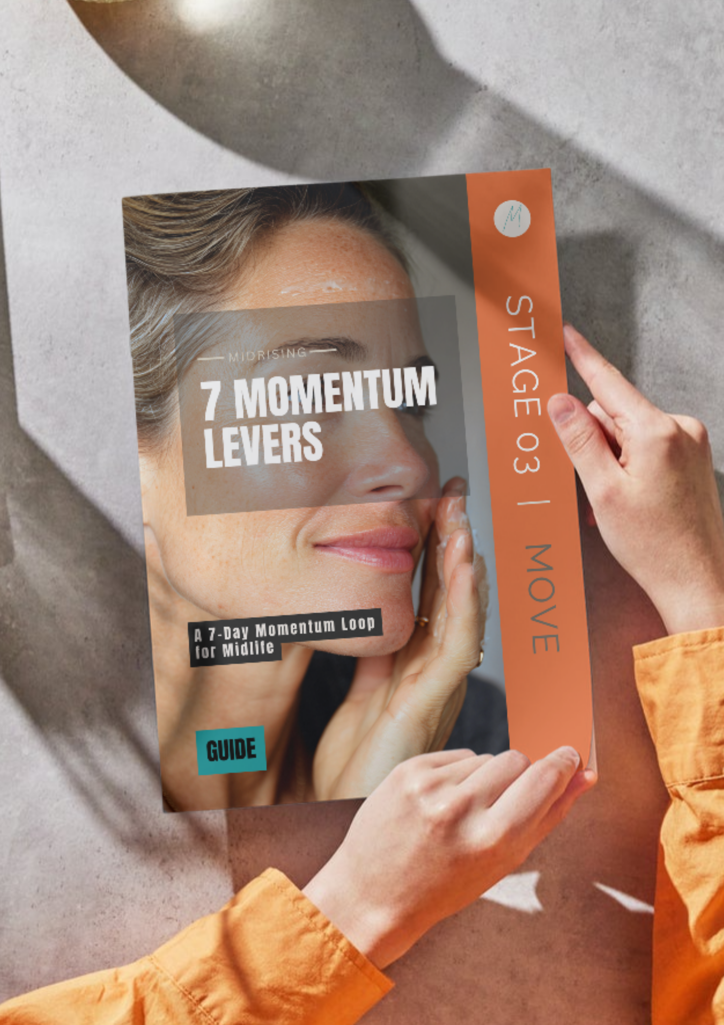 7 Momentum Levers Midrising guide shown as a booklet in hand — a 7-day momentum loop for Gen X women in midlife. Stage 03 Move.