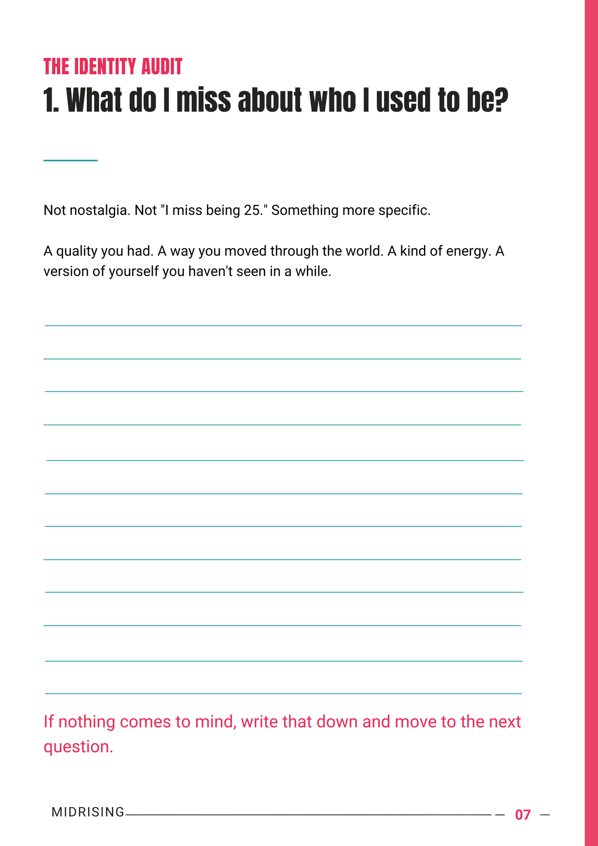 A printed worksheet page titled 'THE IDENTITY AUDIT' with reflective prompts and blank lined spaces for writing, shown on a white page with a pink border and red text accents.
