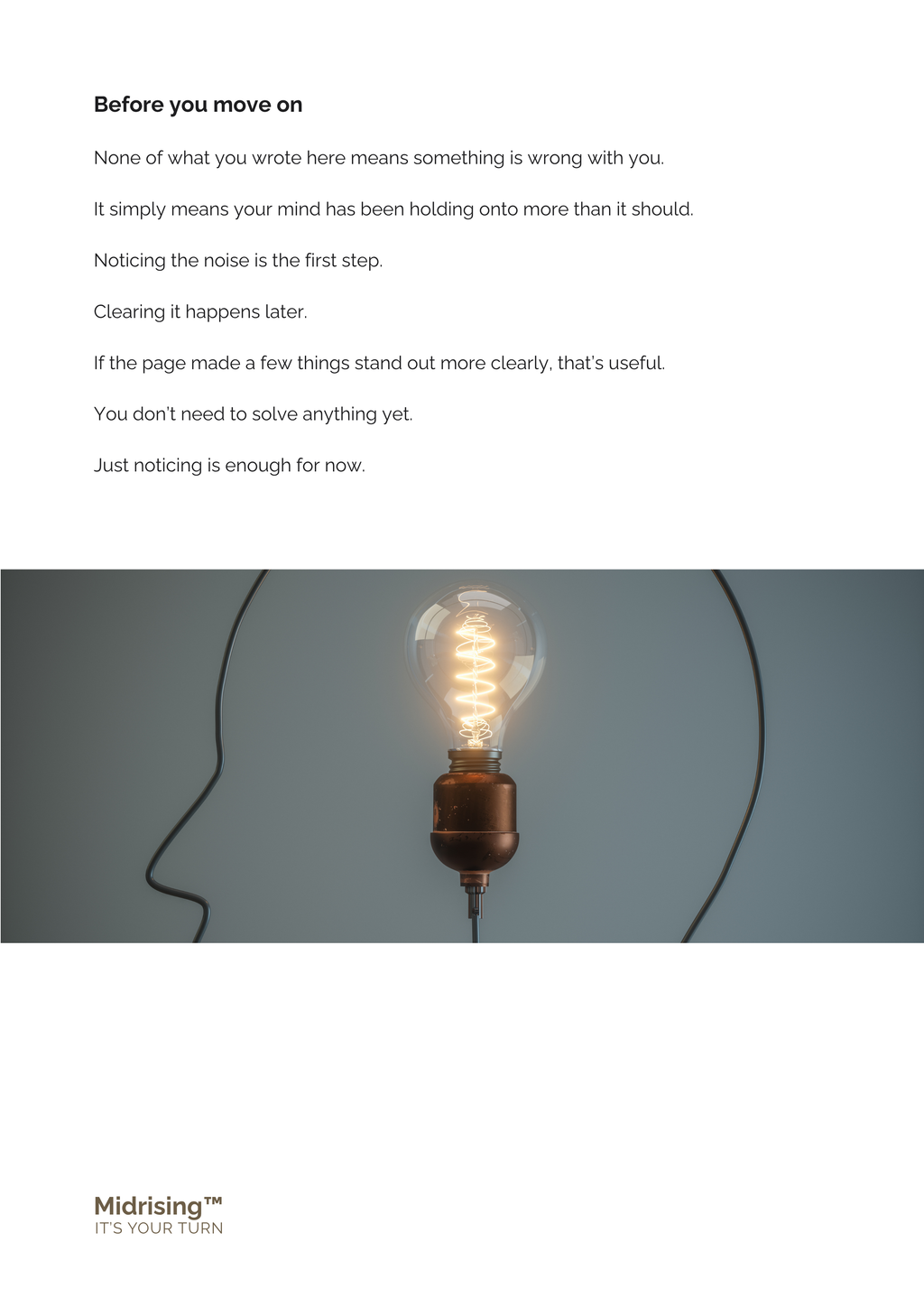 Before you move on reflection page from Clear Your Head workbook — Midrising Stabilise stage prompt on noticing mental noise
