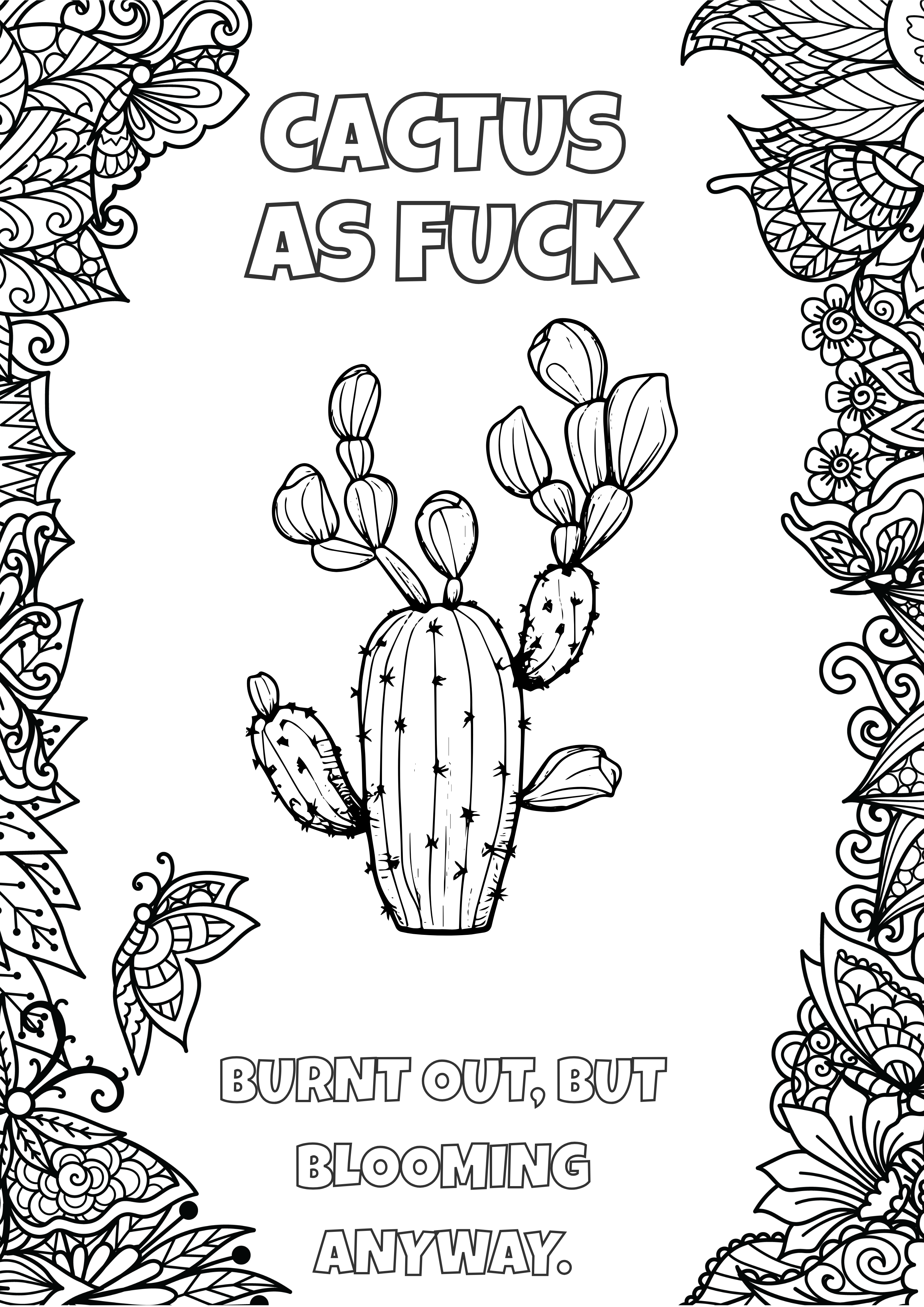 Interior page from Colour Me Stressed showing a cactus illustration with the phrase "Cactus As Fuck" in bold lettering