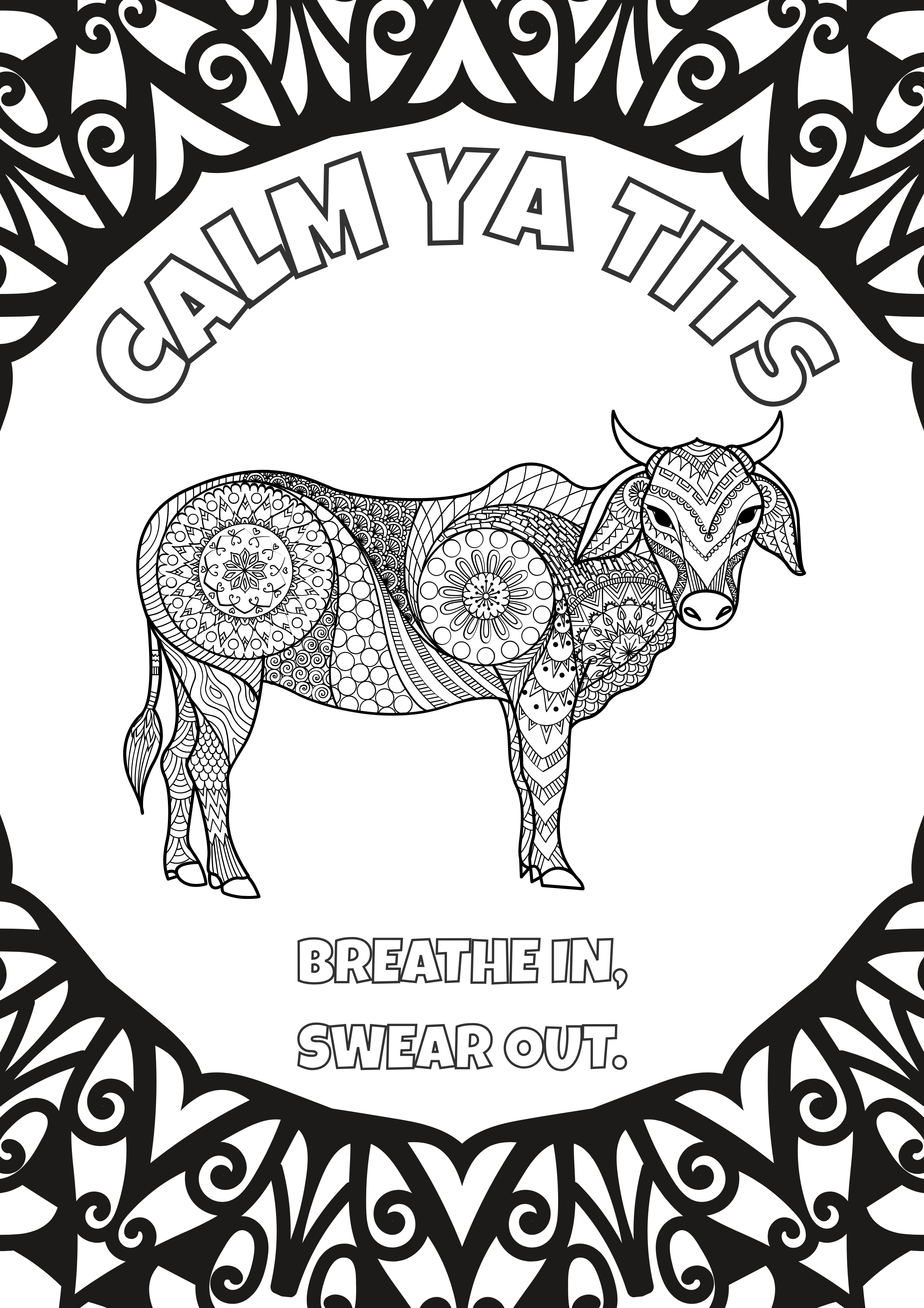 Interior page from Colour Me Stressed showing a ram with mandala pattern and the phrase "Calm Ya Tits"