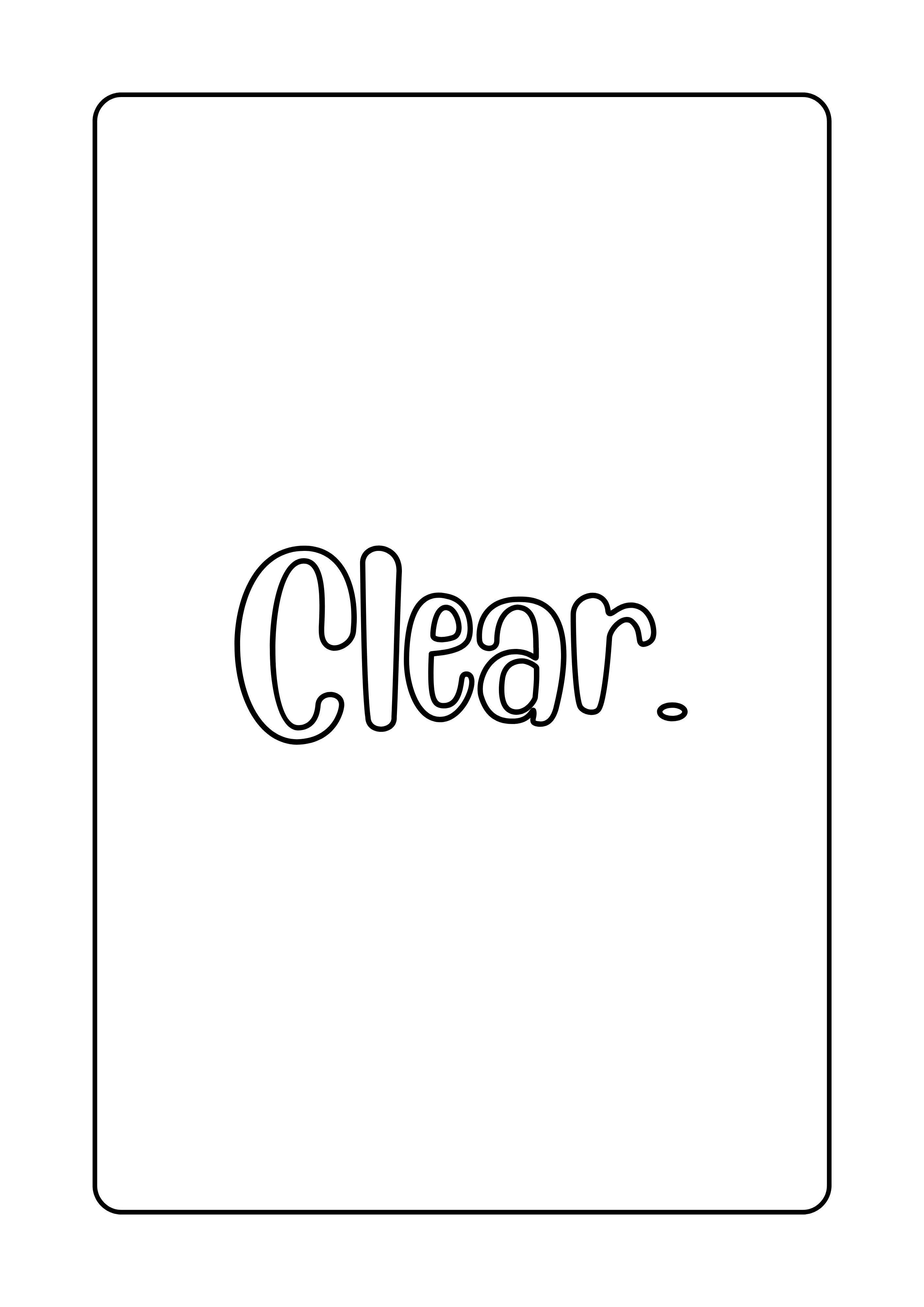 Interior page from Colour Me Clear colouring book showing the word "Clear" in outline lettering to colour in