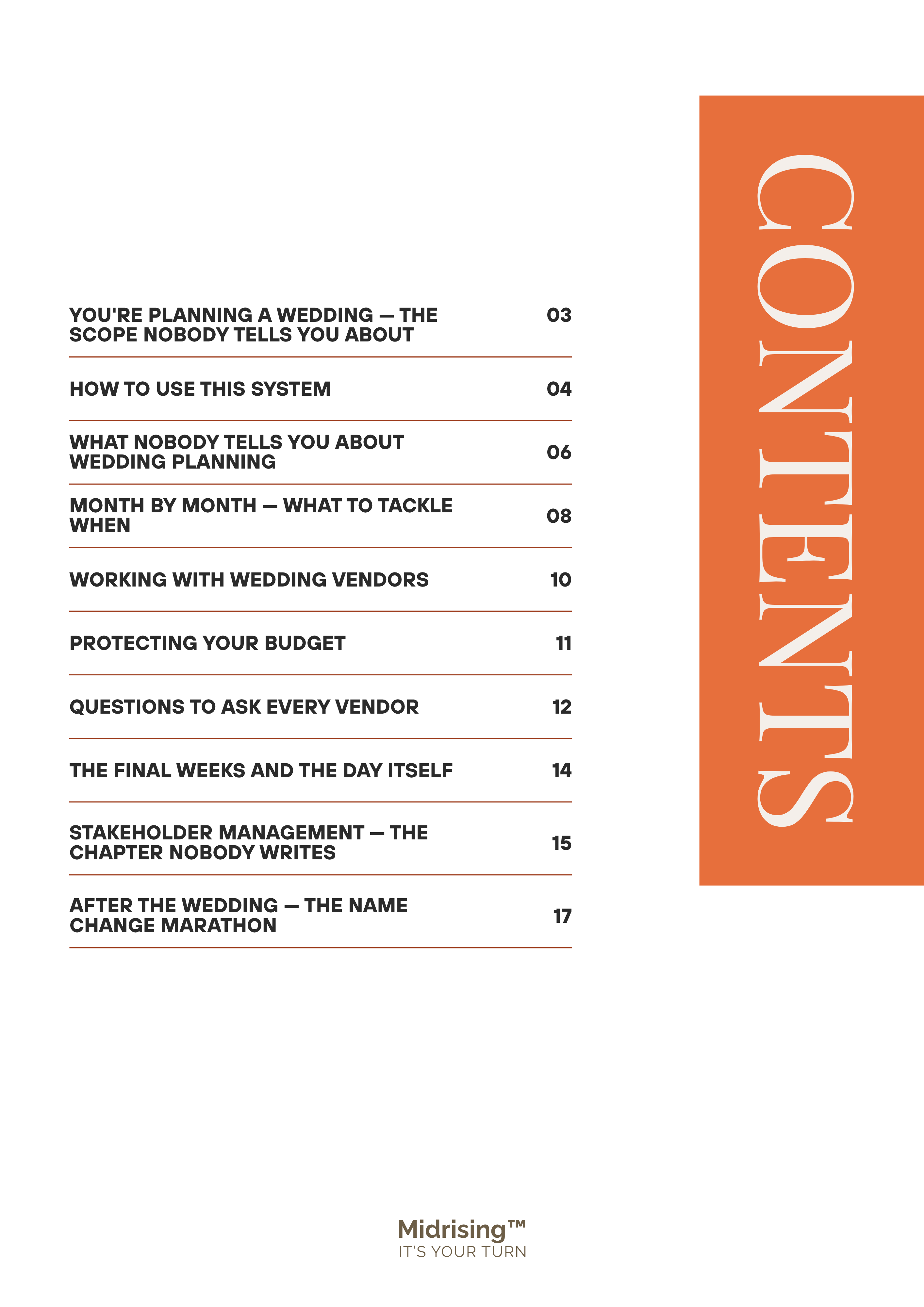 Contents page of The Wedding Project Manager guide showing nine chapters including vendor management, budget protection and stakeholder management