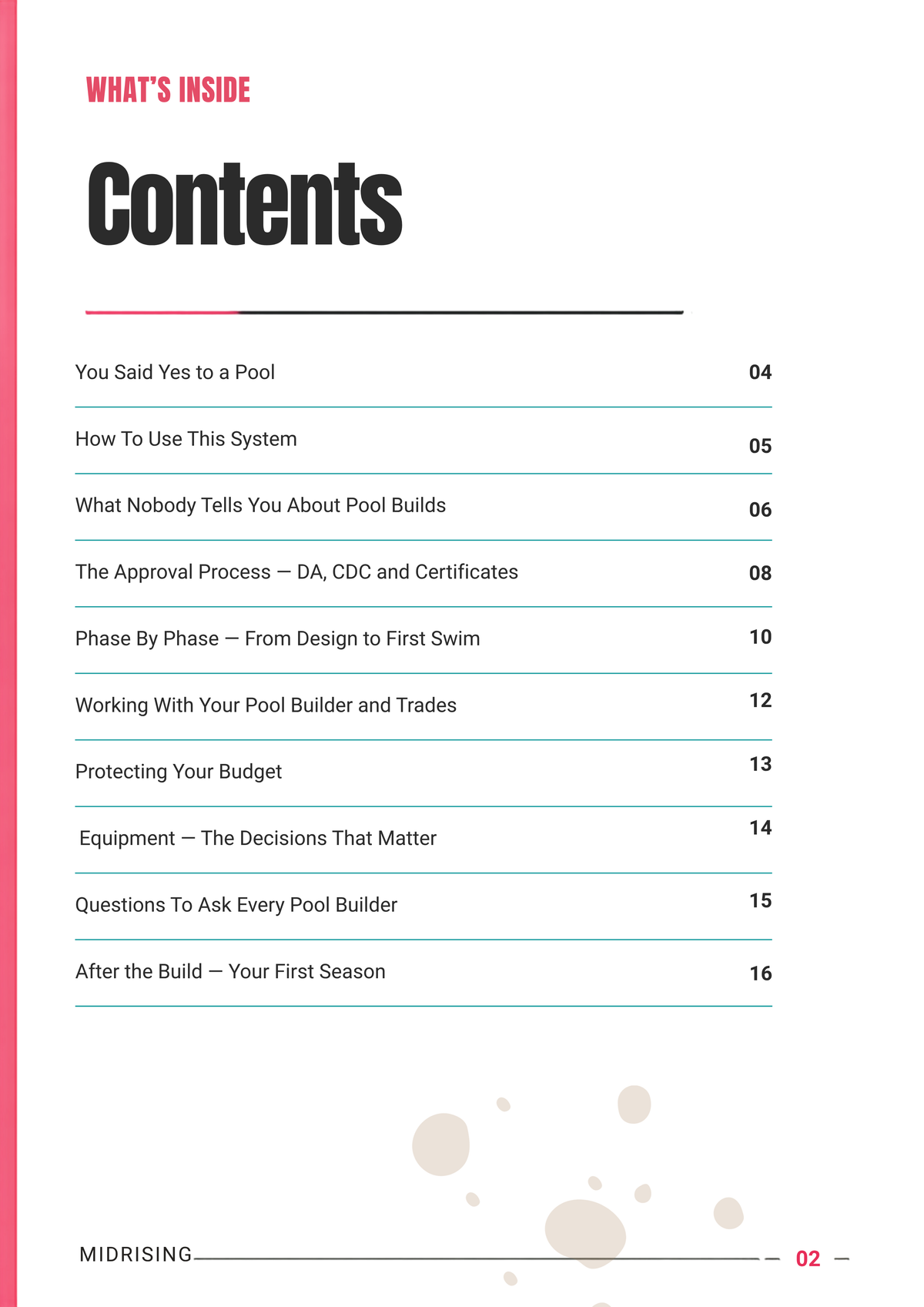 Table of contents page from a pool builder or swimming-related guide, with the heading 'Contents' and a list of chapter titles and page numbers on a white page with a pink vertical band on the left.