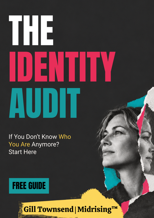 Book cover for 'The Identity Audit' by Gill Townsend from Midrising, featuring a dark gray background with bold white, pink, and teal title text, a torn-paper collage of a woman's face, and a yellow banner at the bottom.