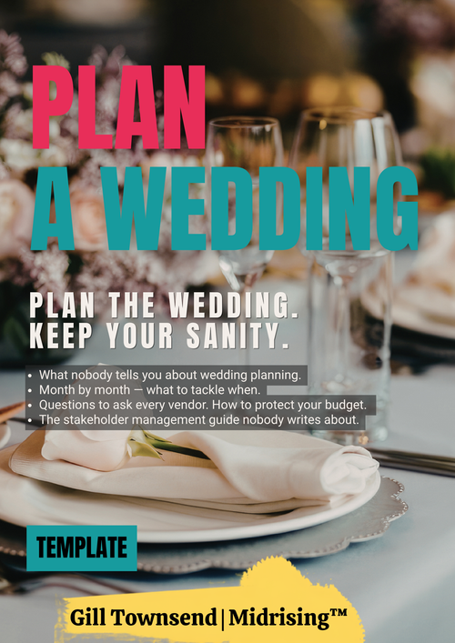 Promotional graphic for a wedding planning template, featuring large text reading 'PLAN A WEDDING' over a softly blurred wedding table setting with plates, napkins, and glasses. Smaller text says 'PLAN THE WEDDING.
