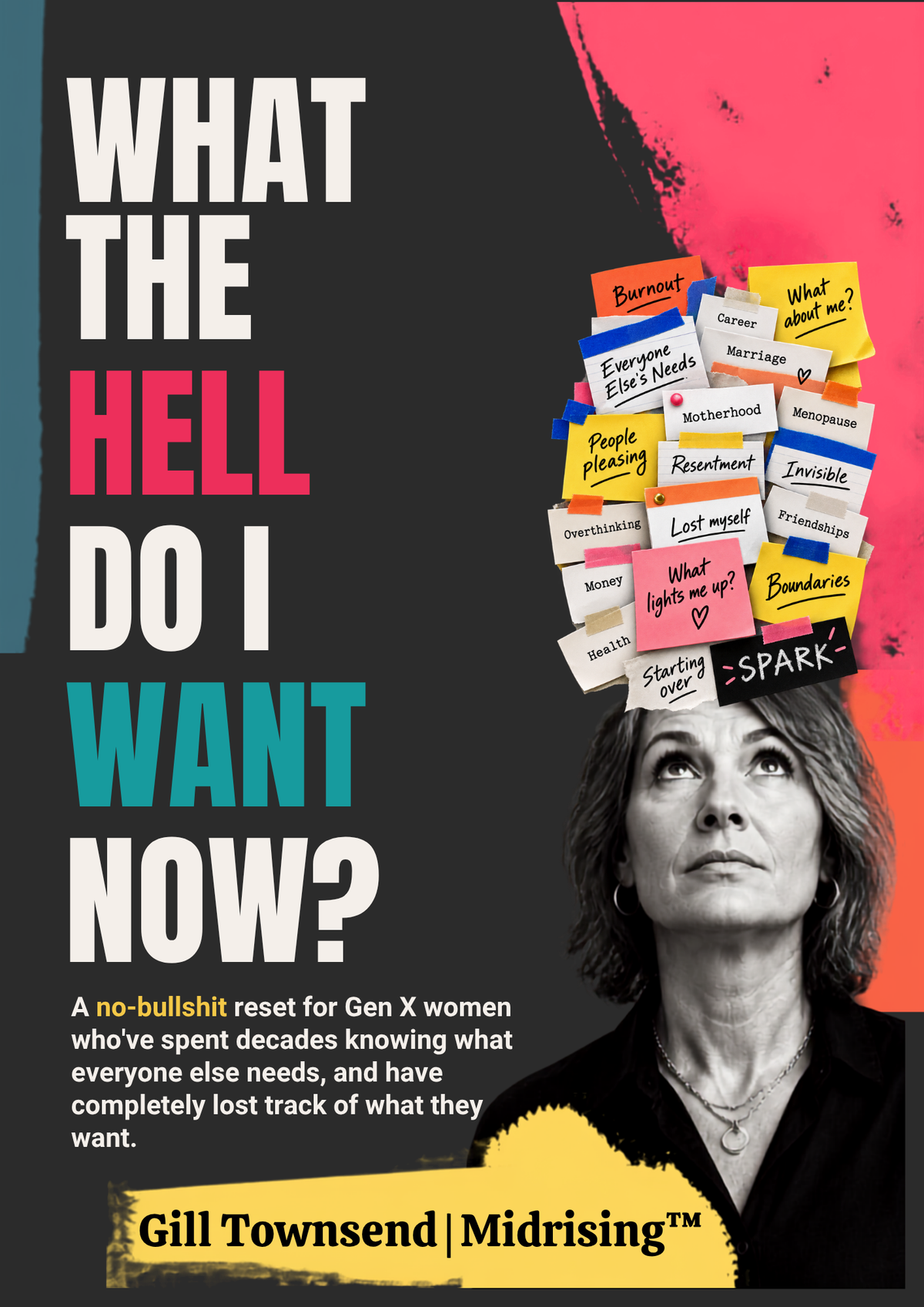 Book cover for 'What the Hell Do I Want Now?' by Gill Townsend, featuring a black background with bold white, pink, and teal text, a portrait of a woman with sticky notes on her head, and a yellow author banner at the bottom.