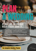 Promotional graphic for a digital or physical wedding planner titled 'PLAN A WEDDING' with the subtitle 'PLAN THE WEDDING. KEEP YOUR SANITY.