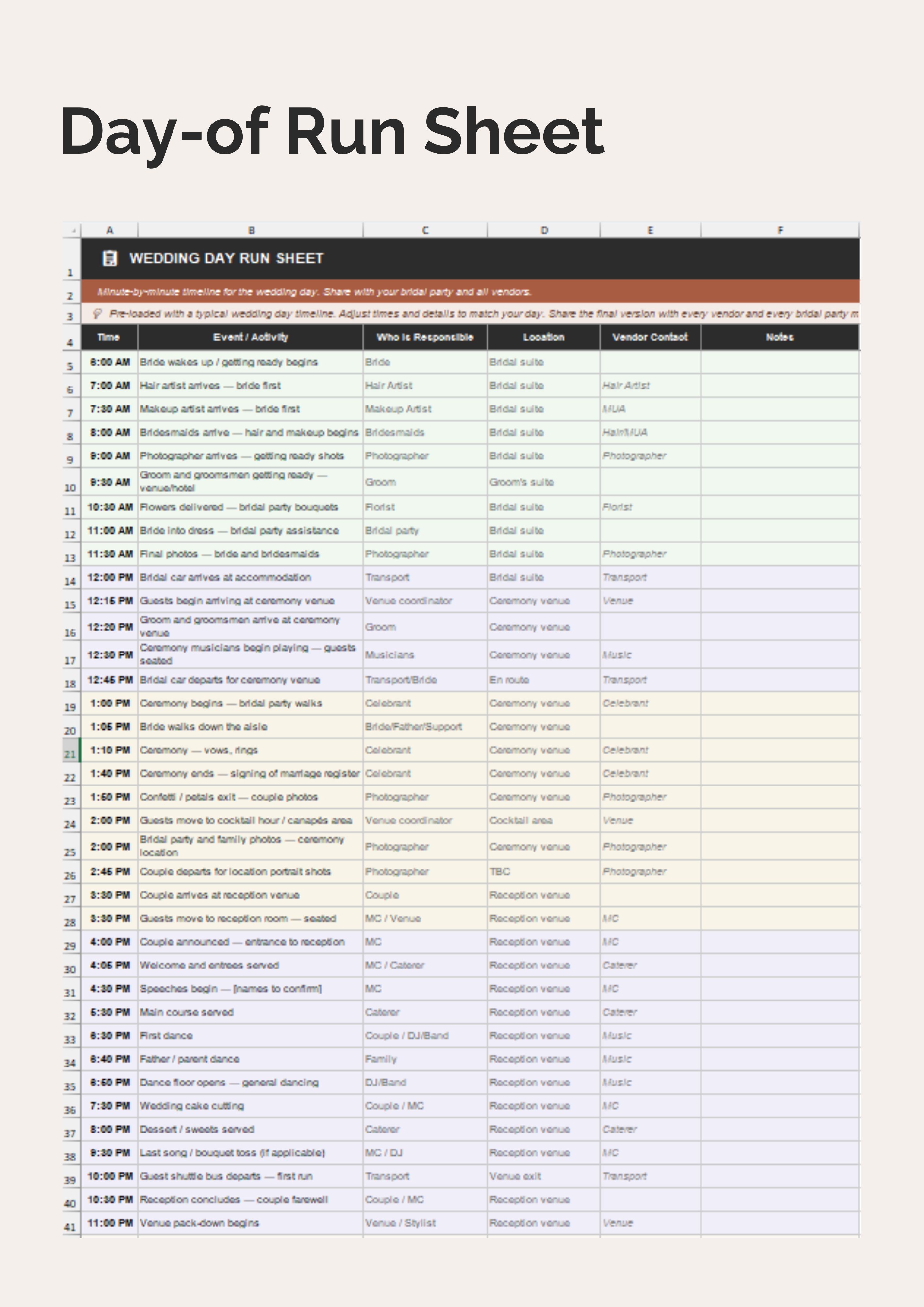 Day-of run sheet tab in The Wedding Project Manager Excel template showing minute-by-minute wedding day timeline