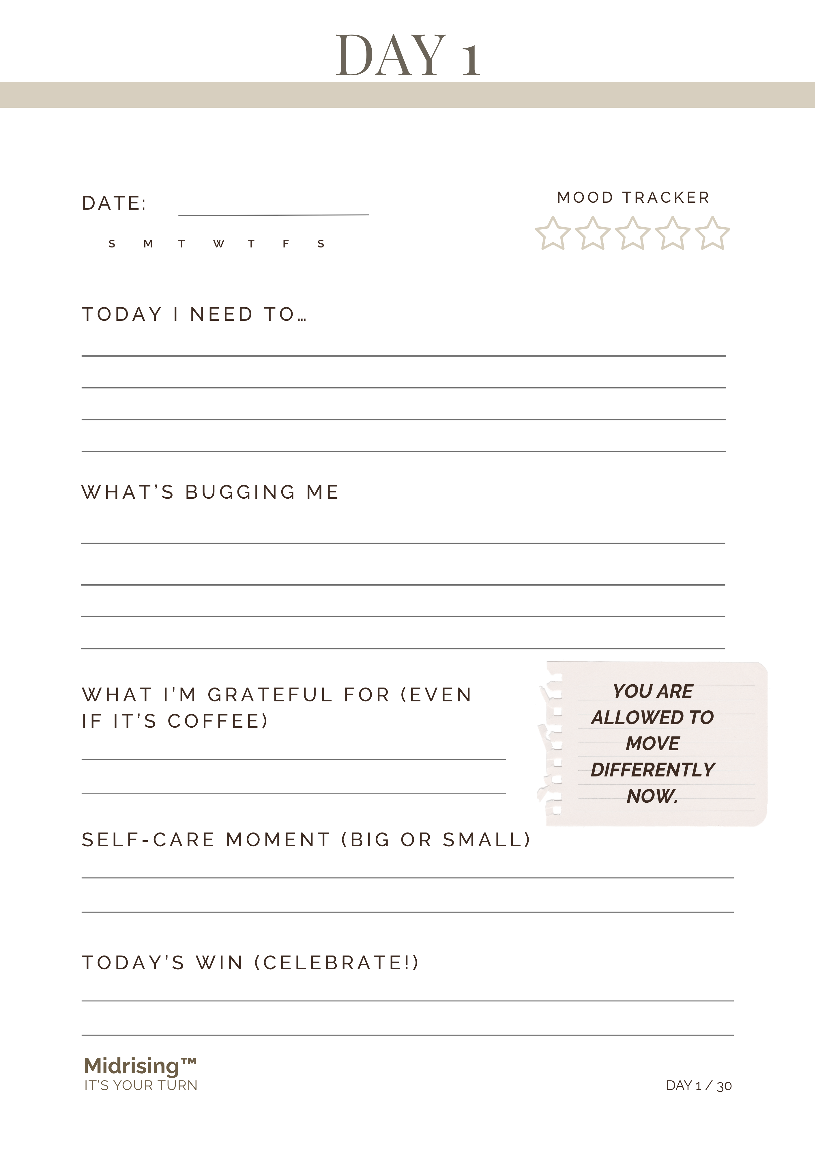 Day 1 prompt page from Sort Your Month Out — daily check-in with mood tracker, needs, gratitude and self-care prompts