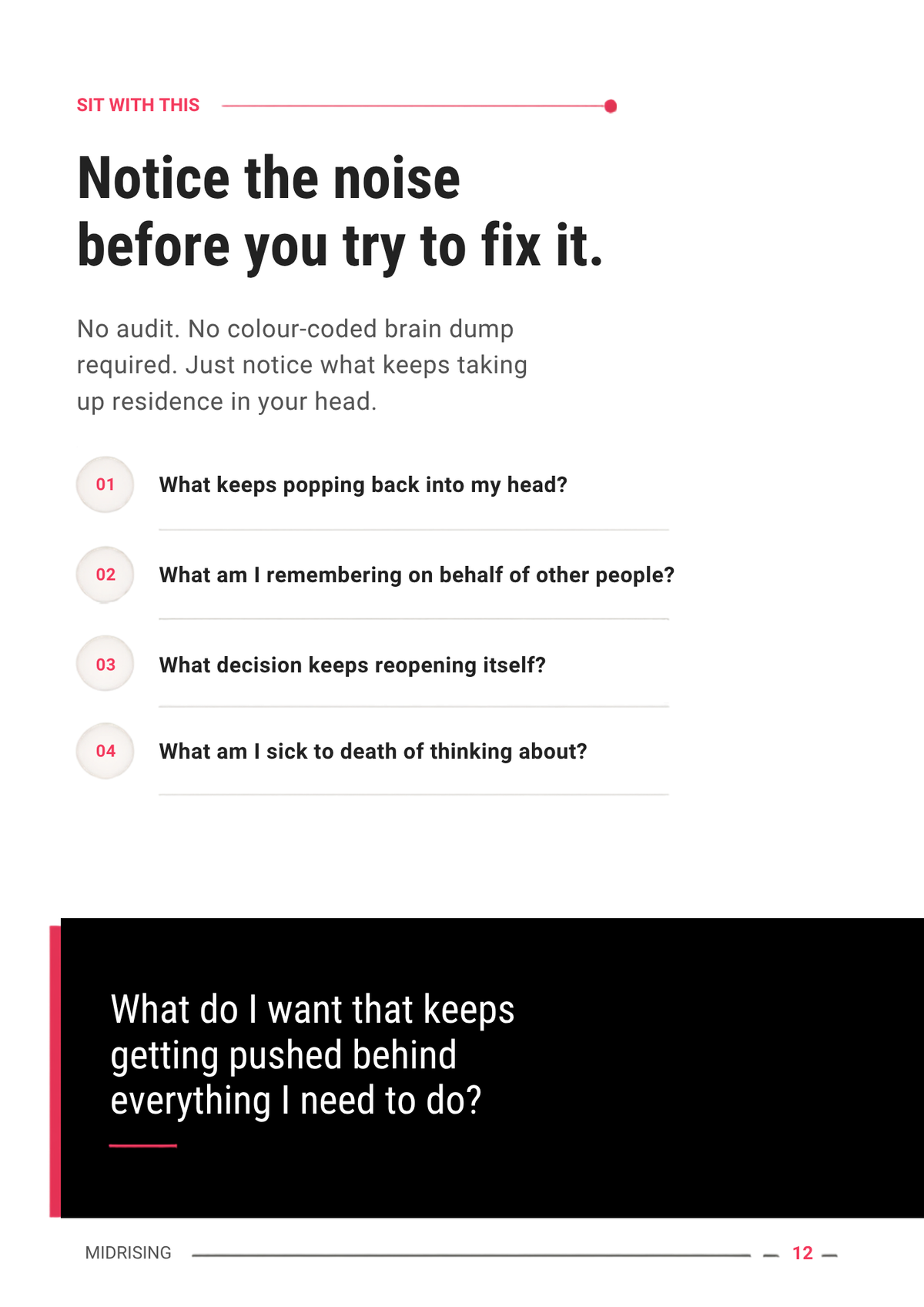 A printed page from a book or magazine with the title 'Notice the noise before you try to fix it.' and a list of reflective questions, plus a black footer block with additional text.