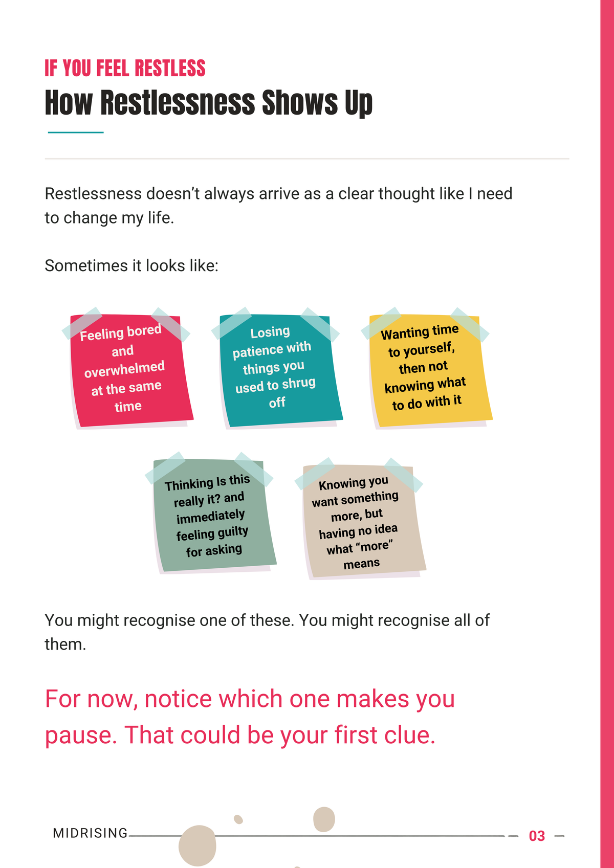A printed informational page with the title 'How Restlessness Shows Up' and several colorful sticky-note style boxes containing examples of restlessness symptoms. The page has a white background with pink and black text and a pink vertical stripe along the right edge.