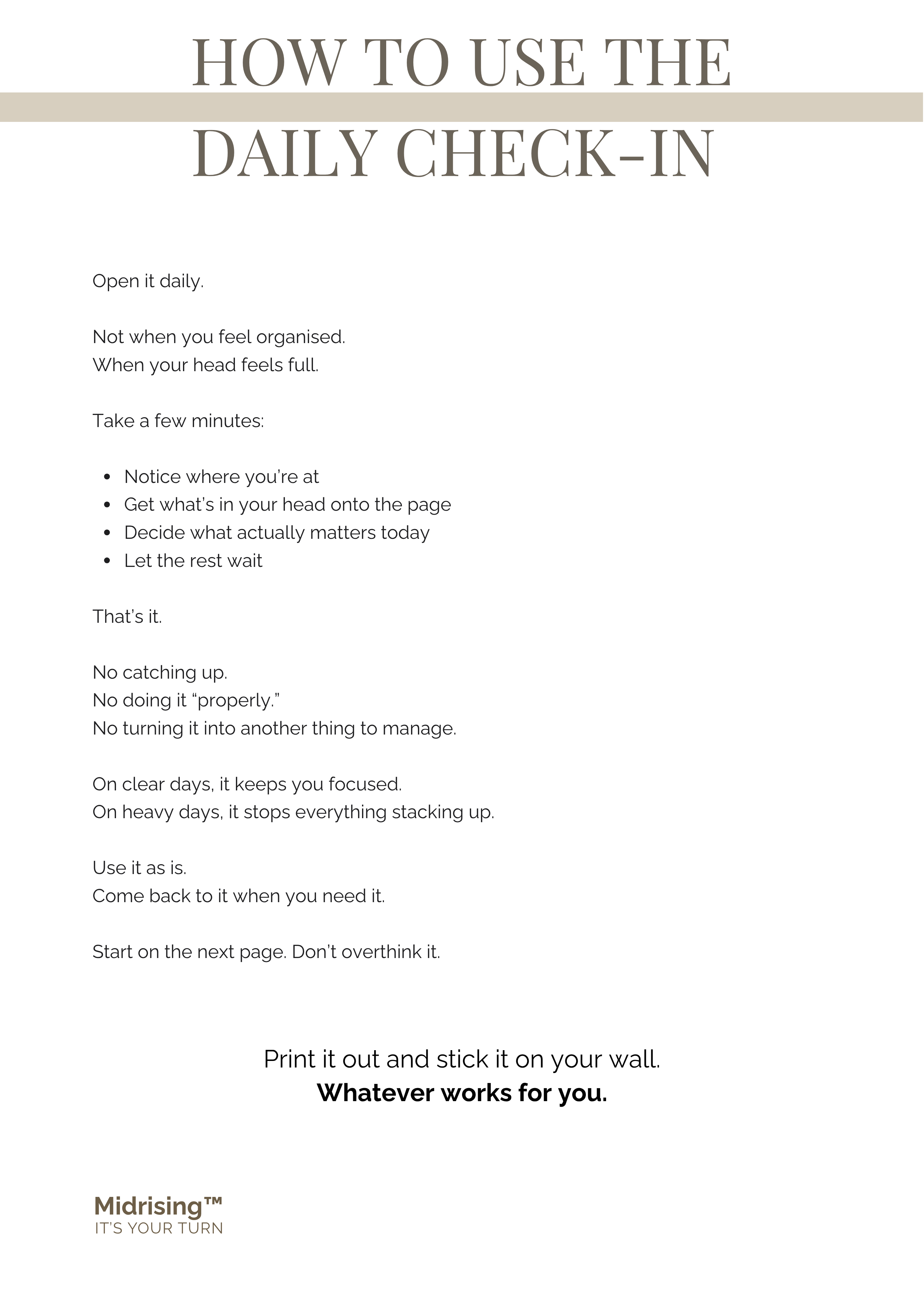 How to use page from The Daily Stabilise Check-In — a daily two-minute reset to clear mental noise, part of the Midrising Stabilise System