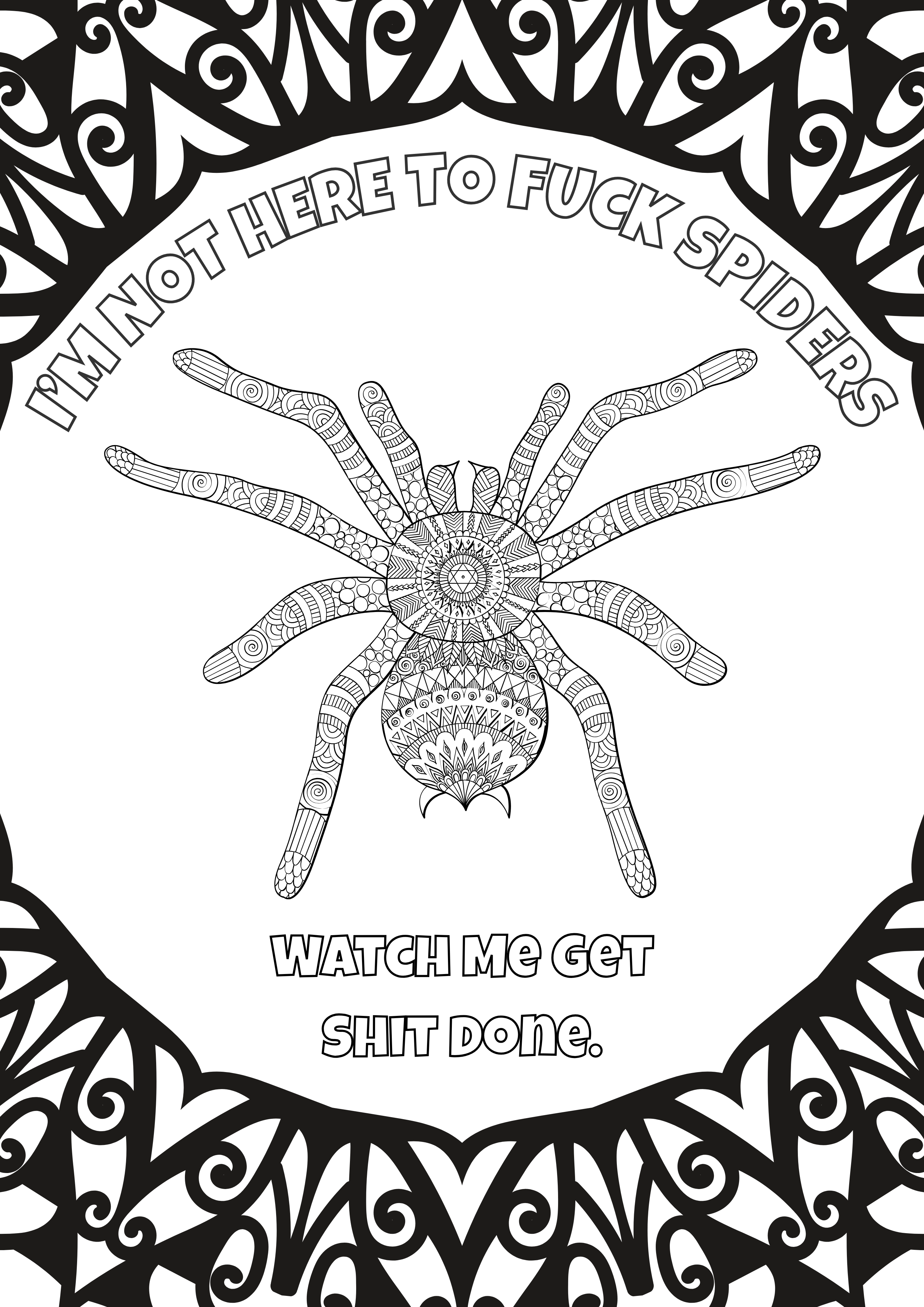 Interior page from Colour Me Stressed showing a spider illustration with the Aussie phrase "I'm Not Here to Fuck Spiders"