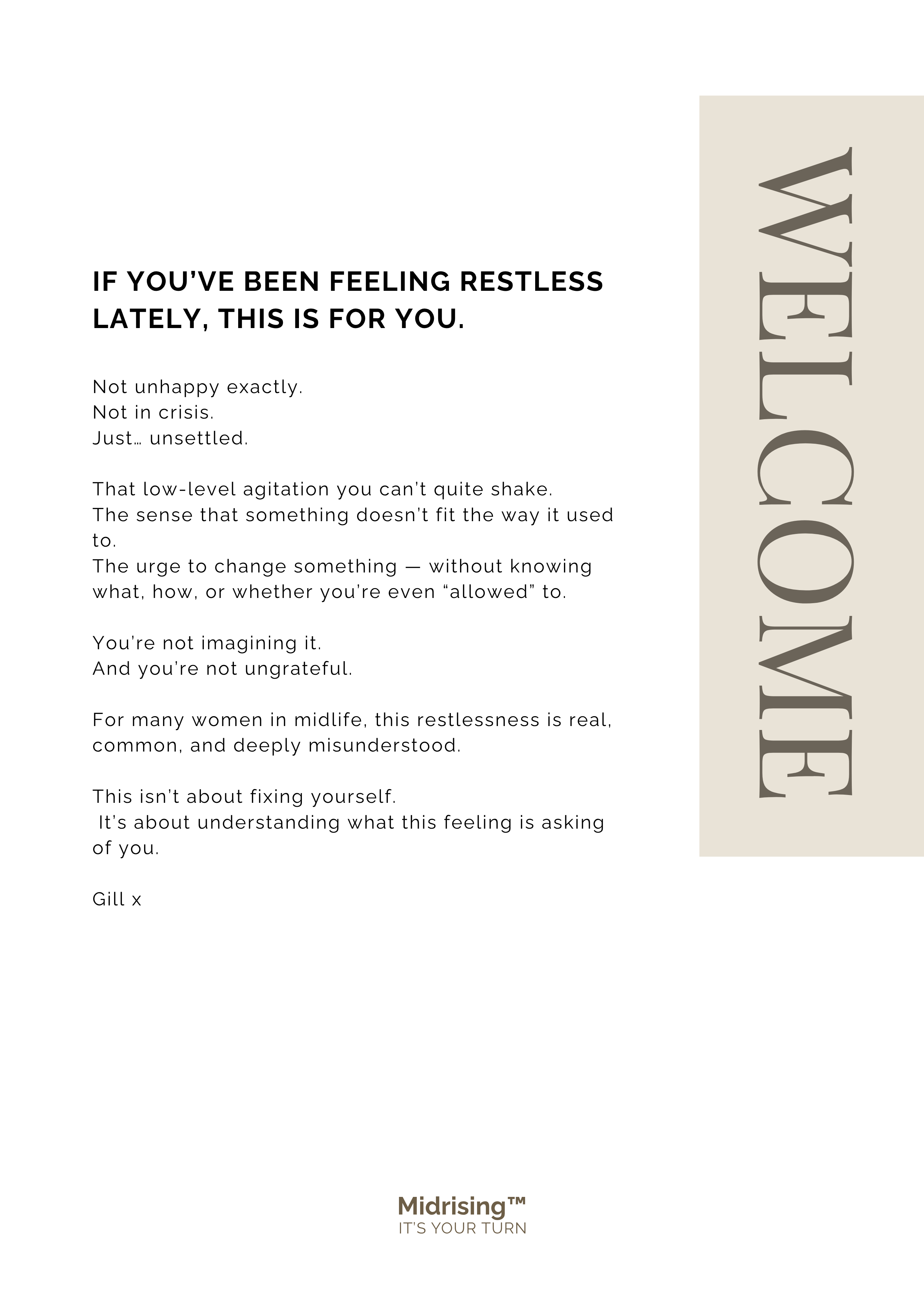 Welcome page from If You Feel Restless Start Here — introduction for Gen X women in midlife.