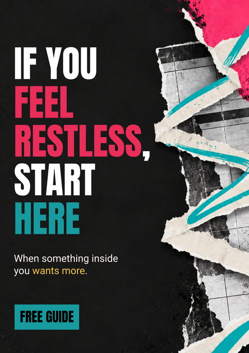 Promotional graphic with the text 'IF YOU FEEL RESTLESS, START HERE' and 'FREE GUIDE' on a black background, alongside torn paper, bright pink brushstrokes, teal paint strokes, and a grayscale architectural collage.