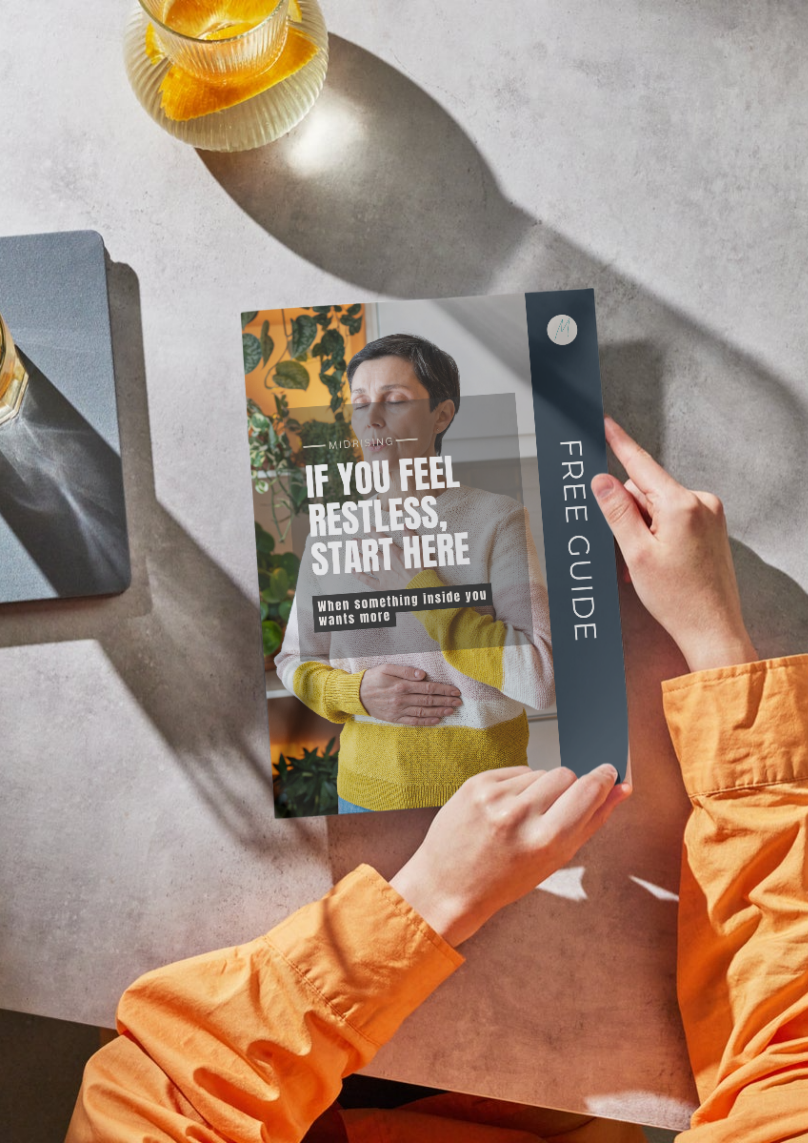 If You Feel Restless Start Here free Midrising guide shown as a printed booklet — a reflective guide for Gen X women navigating midlife restlessness.