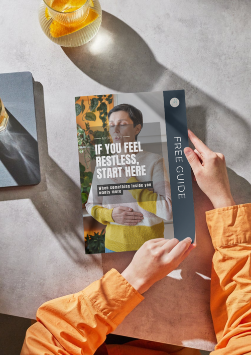 If You Feel Restless Start Here free Midrising guide shown as a printed booklet — a reflective guide for Gen X women navigating midlife restlessness.