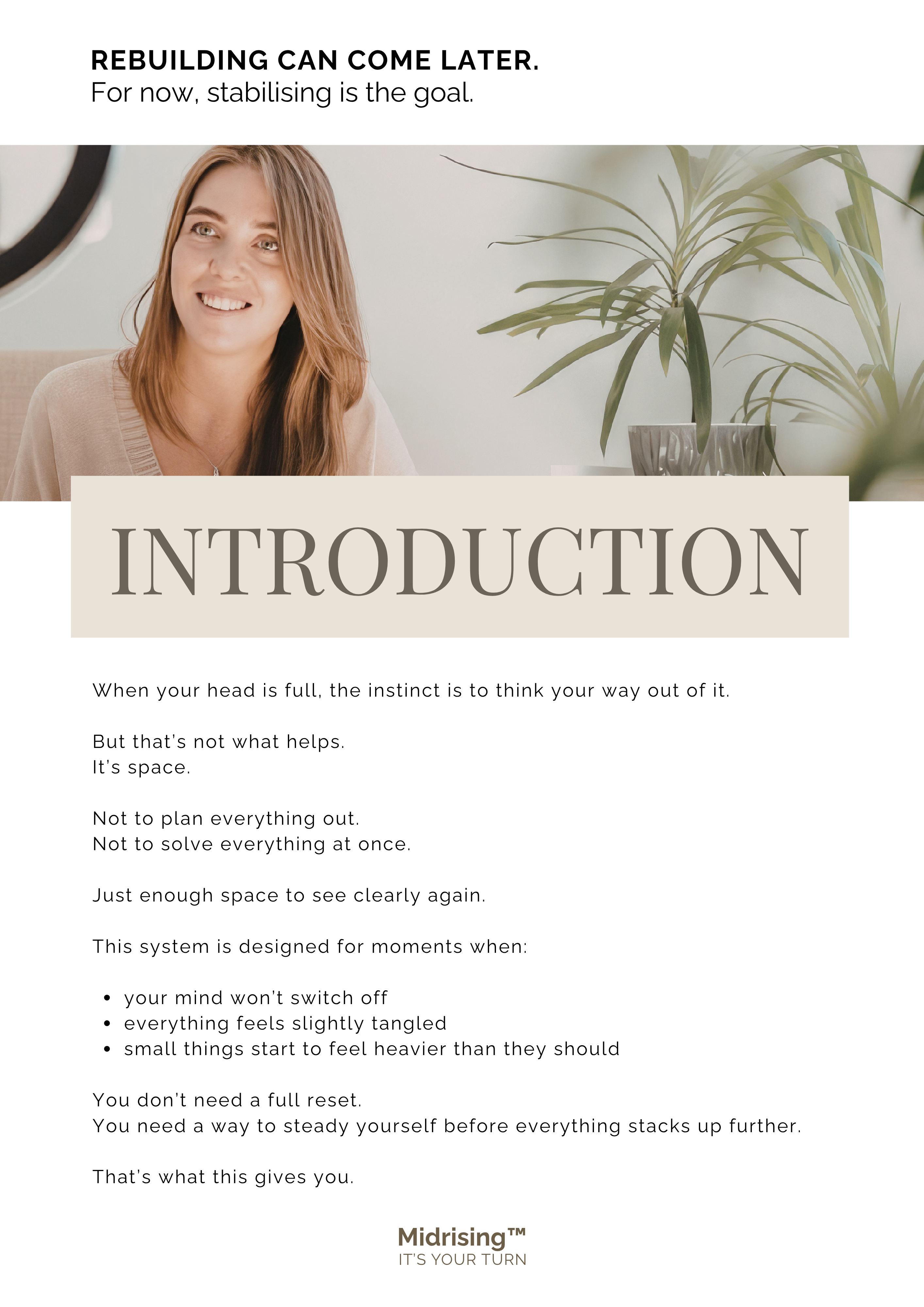 Midrising Stabilise System introduction page with woman at home, describing how to reduce mental overload and regain clarity in midlife.