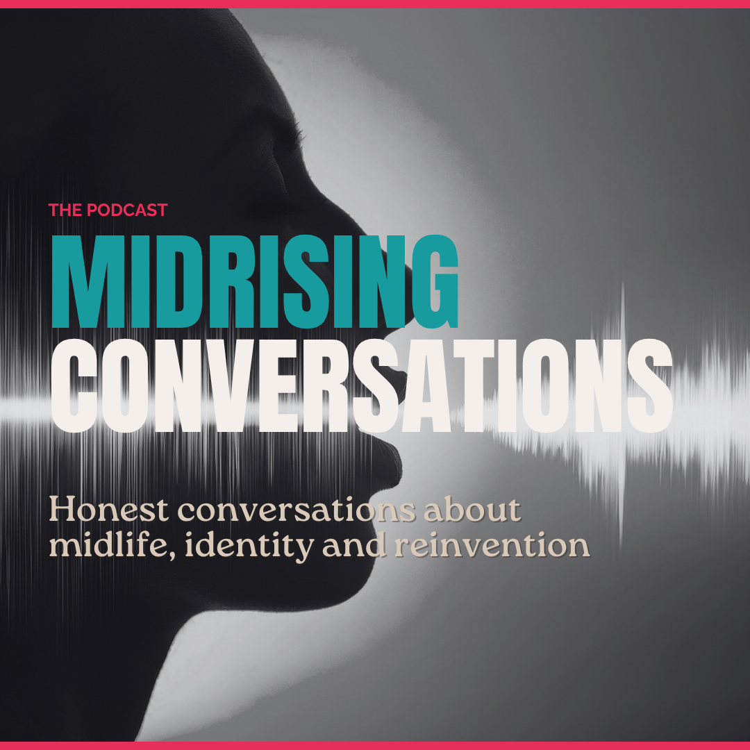Podcast cover for 'Midrising Conversations' featuring a black silhouette of a person's profile against a gray and white soundwave background, with the title in teal and white text.