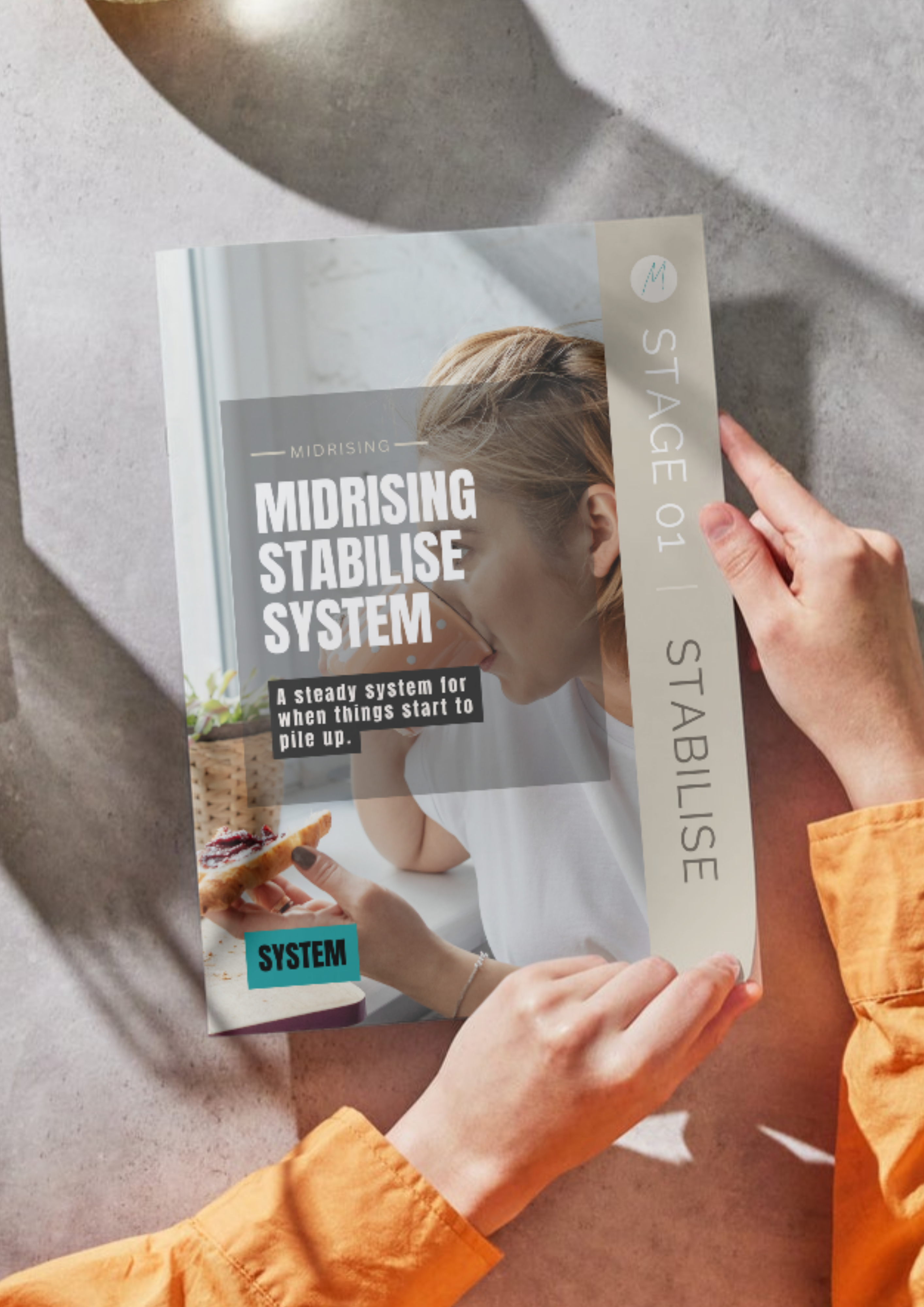 Midrising Stabilise System workbook cover mockup — a steady system for Gen X women when things start to pile up