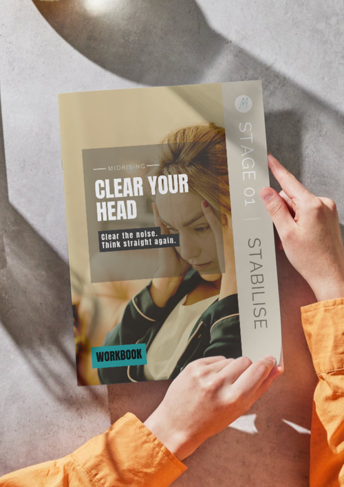 Clear Your Head workbook cover mockup — Midrising Stage 01 Stabilise digital workbook for Gen X women to clear mental noise and regain clarity