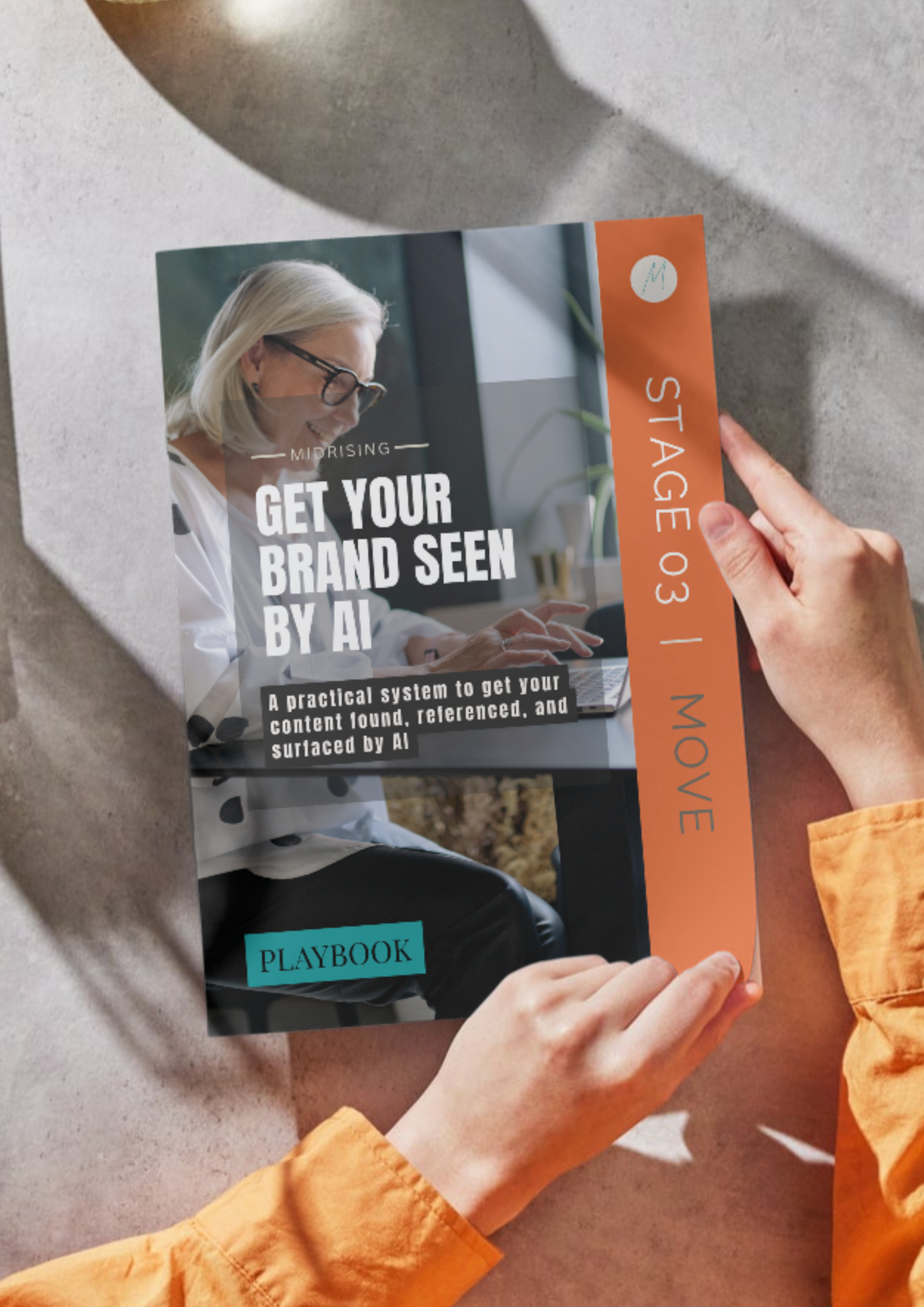 Get Your Brand Seen By AI playbook cover — Midrising Stage 03 Move digital workbook for Gen X women entrepreneurs