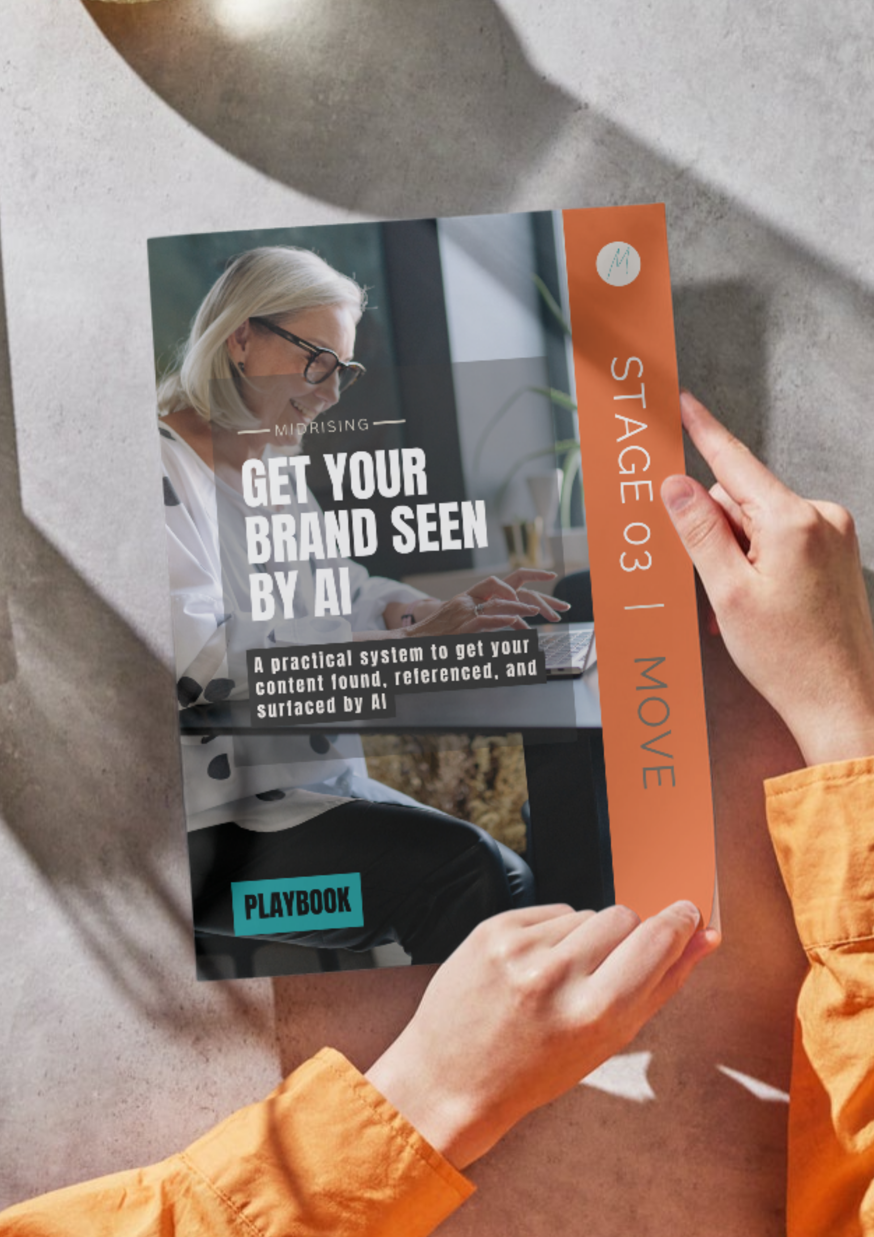 Get Your Brand Seen By AI playbook cover — Midrising Stage 03 Move digital workbook for Gen X women entrepreneurs