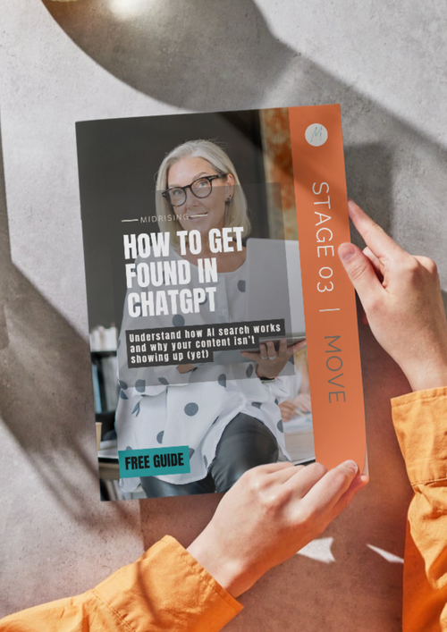 How to Get Found in ChatGPT Midrising guide shown as a booklet in hand — free AI search guide for Gen X women. Stage 03 Move.