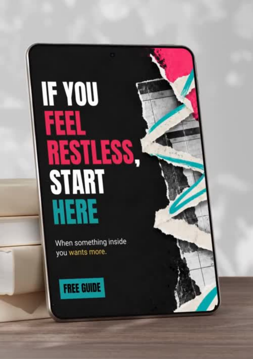 A digital guide mockup displayed on a tablet screen, leaning against a stack of books on a wooden surface. The screen features a black background with the text 'IF YOU FEEL RESTLESS, START HERE' in white, pink, and teal, alongside a torn-paper graphic effect.