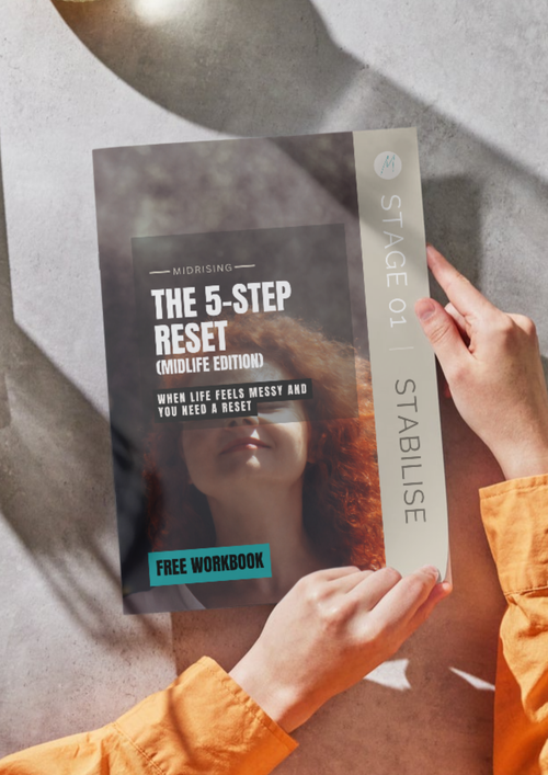 The 5-Step Reset Midlife Edition shown as a workbook in hand — free Midrising resource for Gen X women. Stage 01 Stabilise.