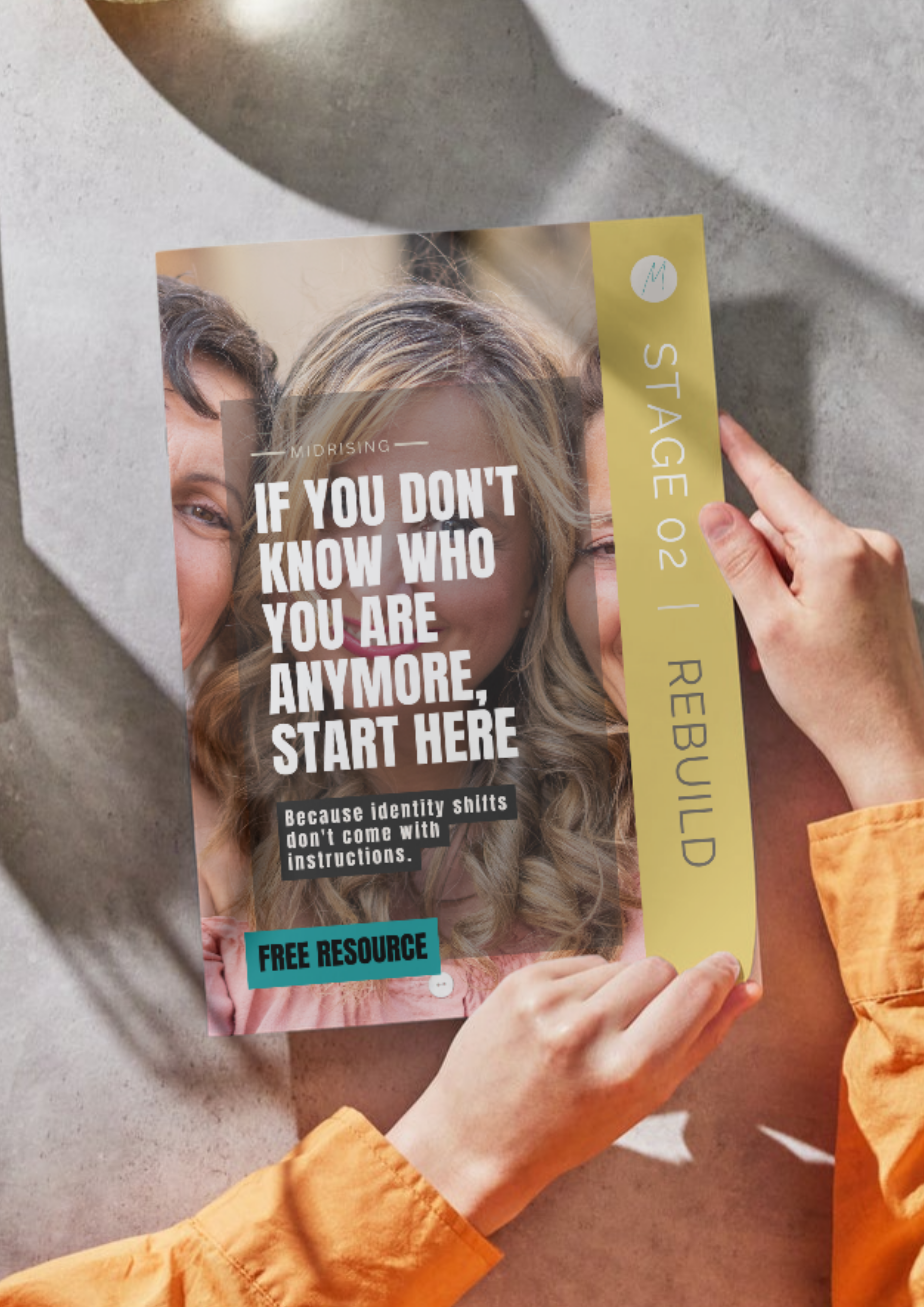 If You Don't Know Who You Are Anymore free Midrising guide shown as a printed booklet — a reflective guide for Gen X women navigating midlife identity shift. Stage 02 Rebuild.