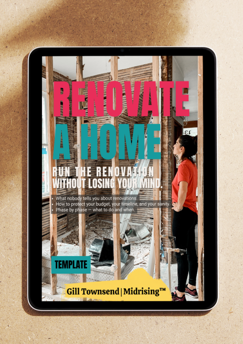 A tablet device on a beige textured surface displaying a digital book or course cover titled 'Renovate a Home' by Gill Townsend | Midrising. The cover features a renovation construction scene with large pink and teal text, and a woman standing in the frame.