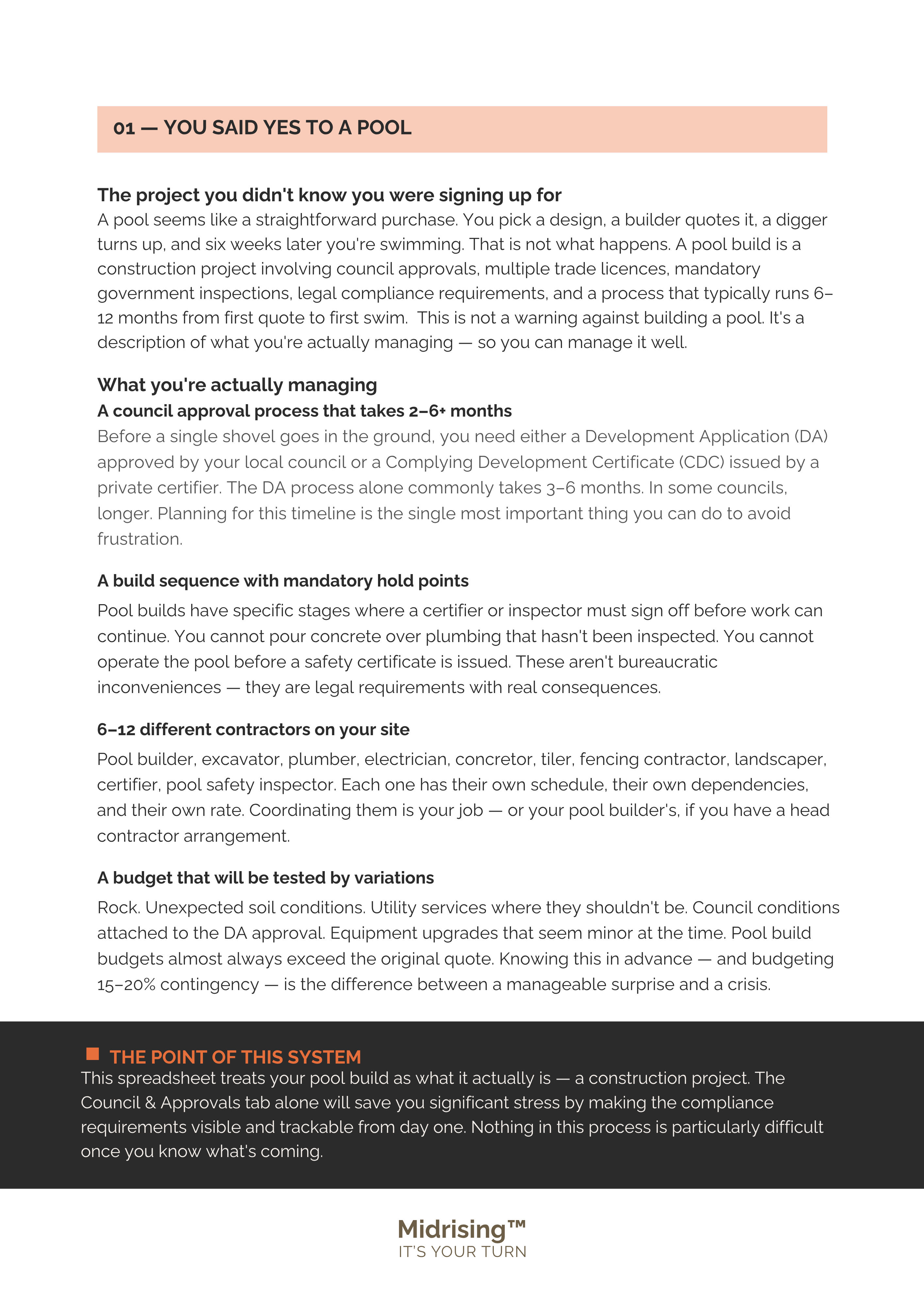 Page one of The Pool Build Project Manager PDF guide, covering what a pool build actually involves — council approvals, contractors, compliance hold points, and budget variations.