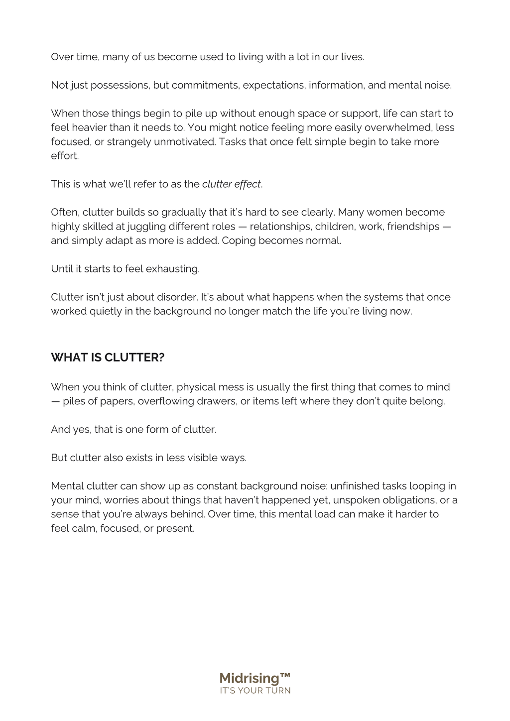 Chapter 1 content page from Sort Your Life Out — explains the clutter effect and how physical, mental, and emotional clutter build in midlife.