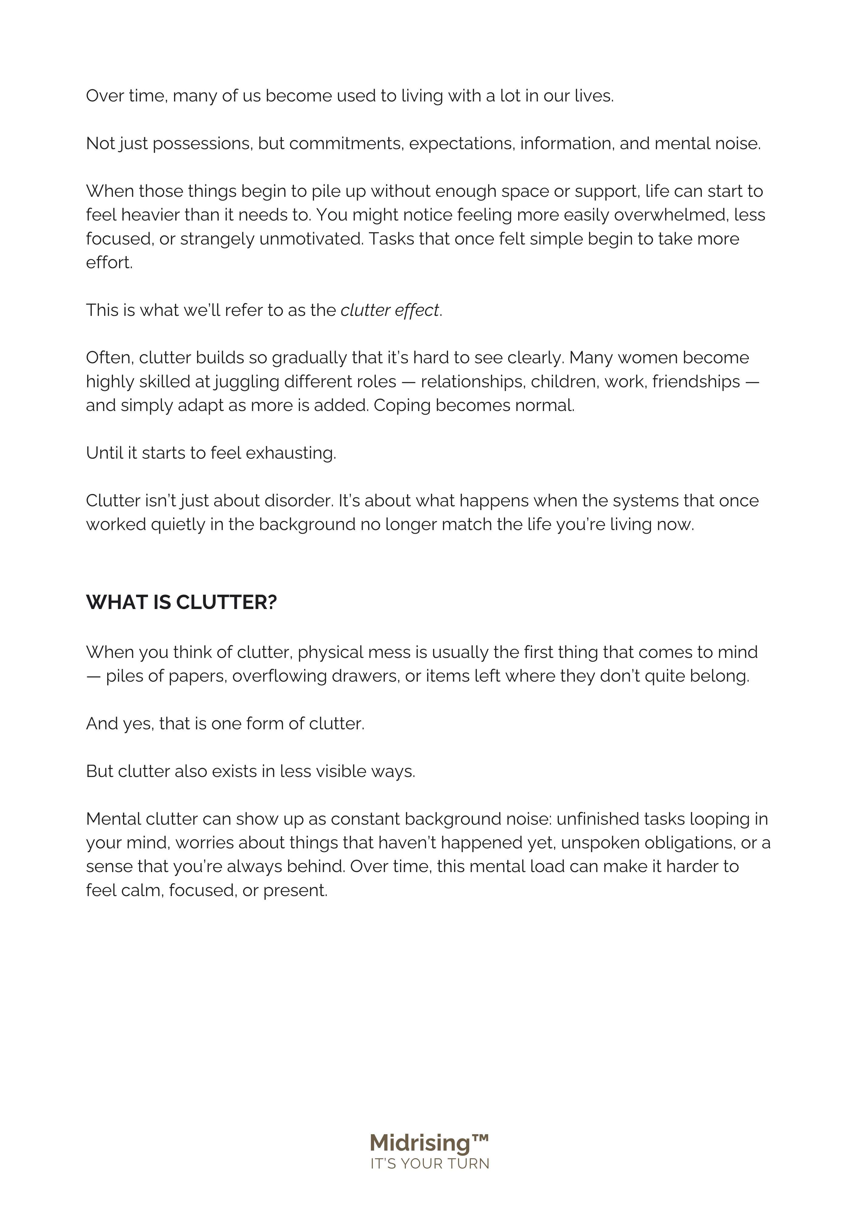 Chapter 1 content page from Sort Your Life Out — explains the clutter effect and how physical, mental, and emotional clutter build in midlife.