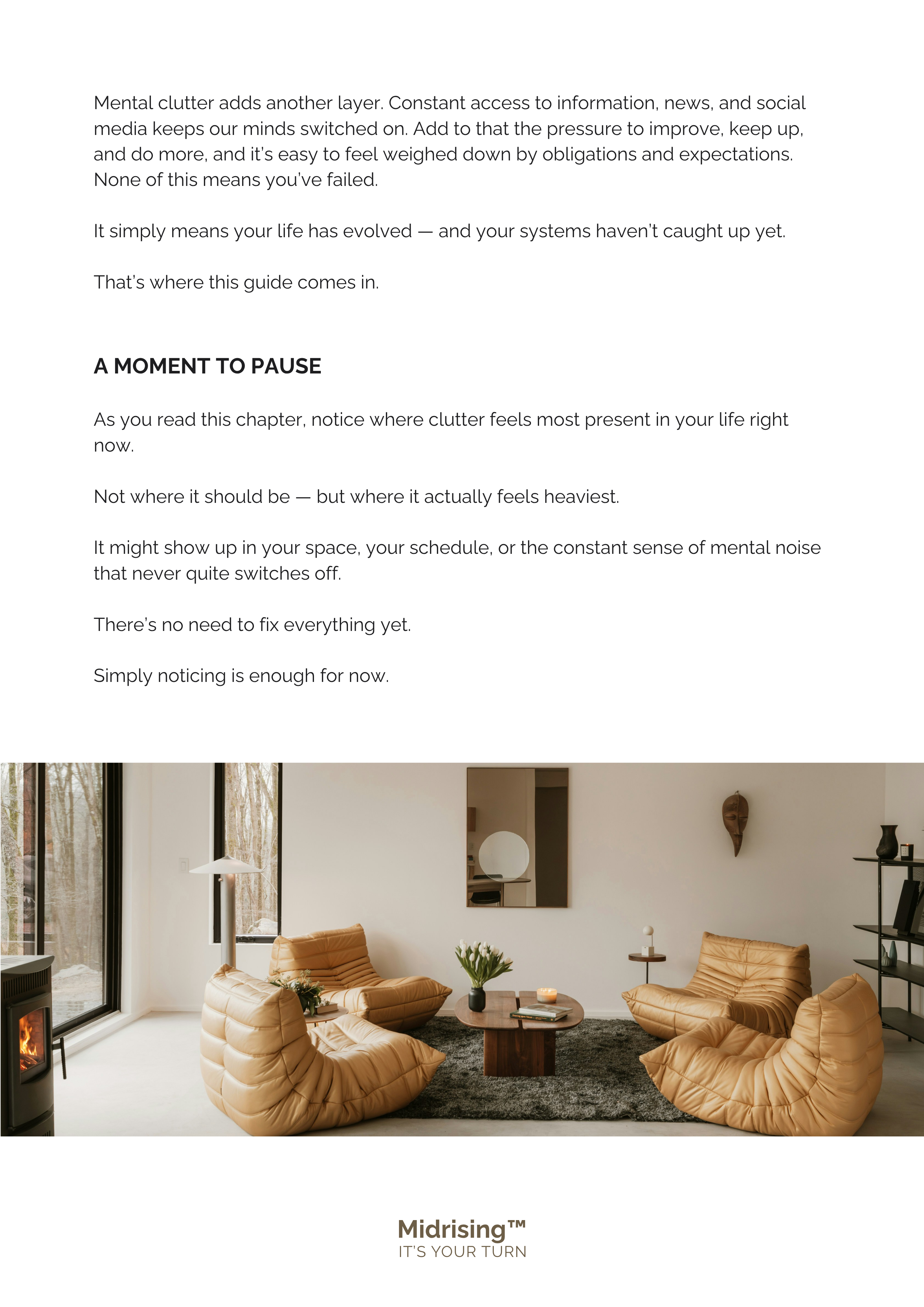 Page from Sort Your Life Out on mental clutter and a moment to pause, with a photo of a calm, uncluttered living room.