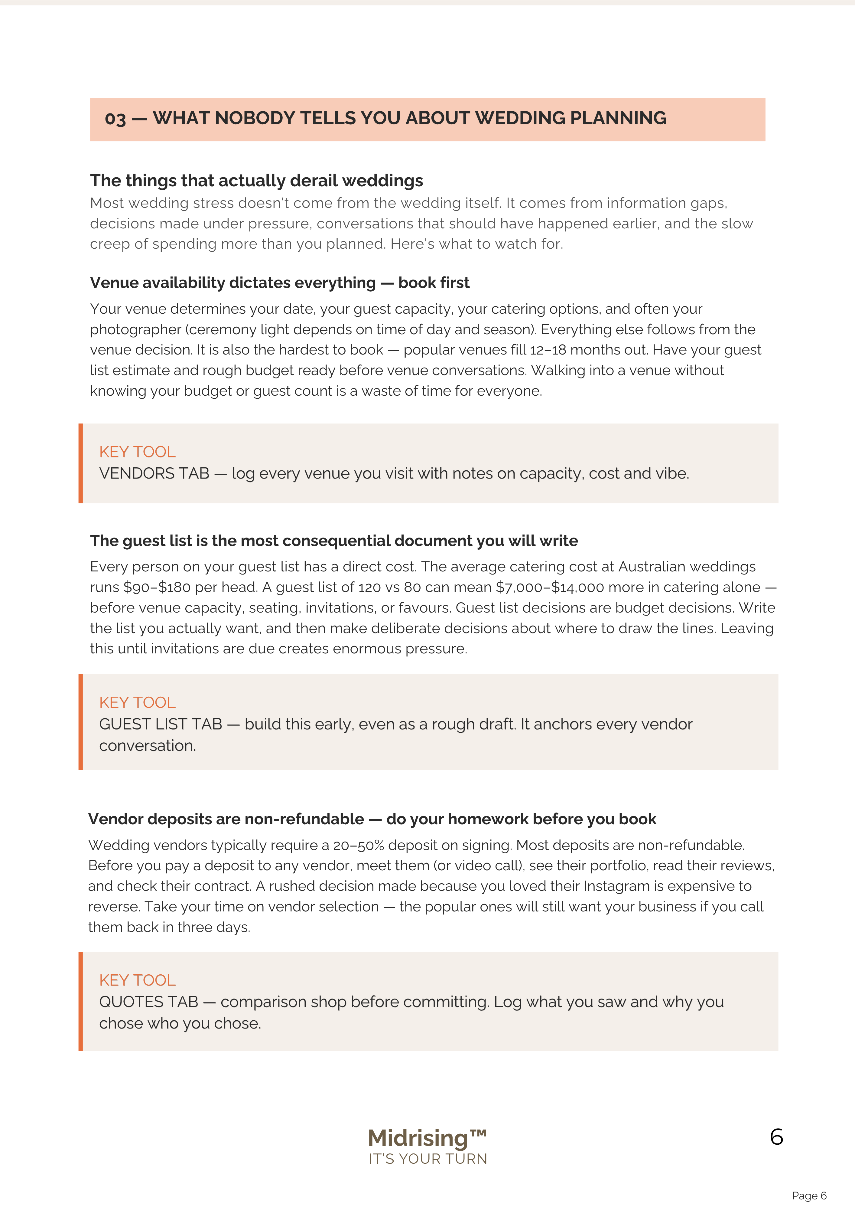 Interior page of The Wedding Project Manager guide — chapter on what nobody tells you about wedding planning