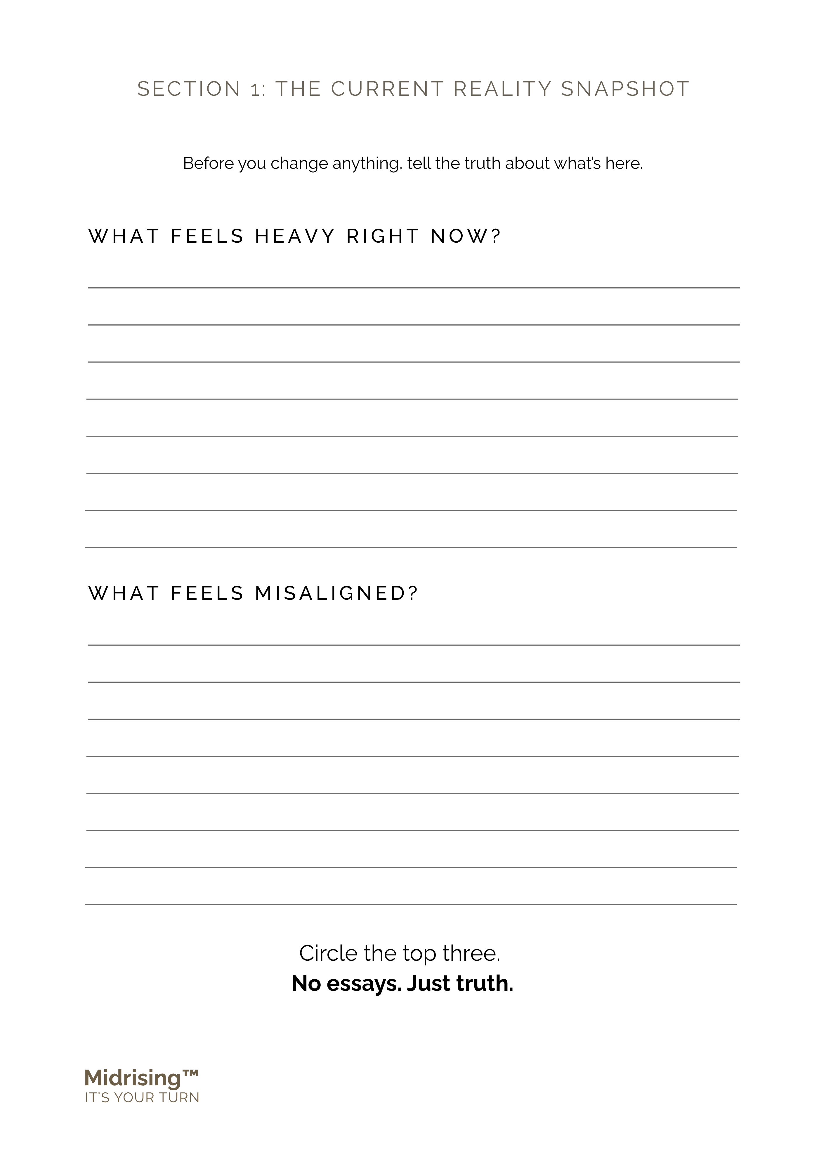 Section 1 prompt page from The Reset Foundations Workbook — current reality snapshot for identifying what feels heavy or misaligned
